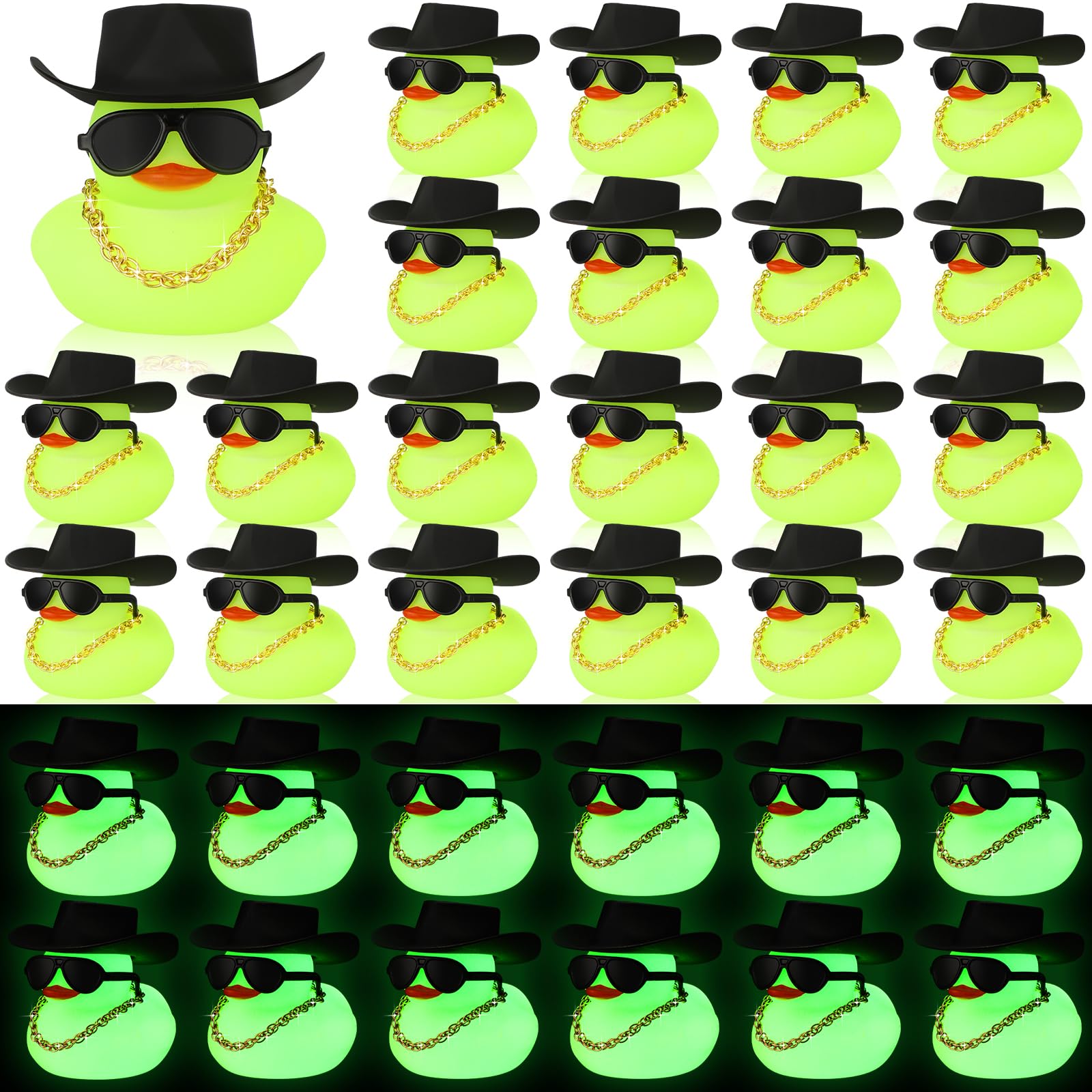 Sotiff 48 Sets Cowgirl Rubber Duck Squeaky Duck Bath Party Toy Duckies Car Dashboard Decorations with Mini Necklace Hat and Sunglasses for Bathtub Baby Shower Birthday Swimming Party (Green)