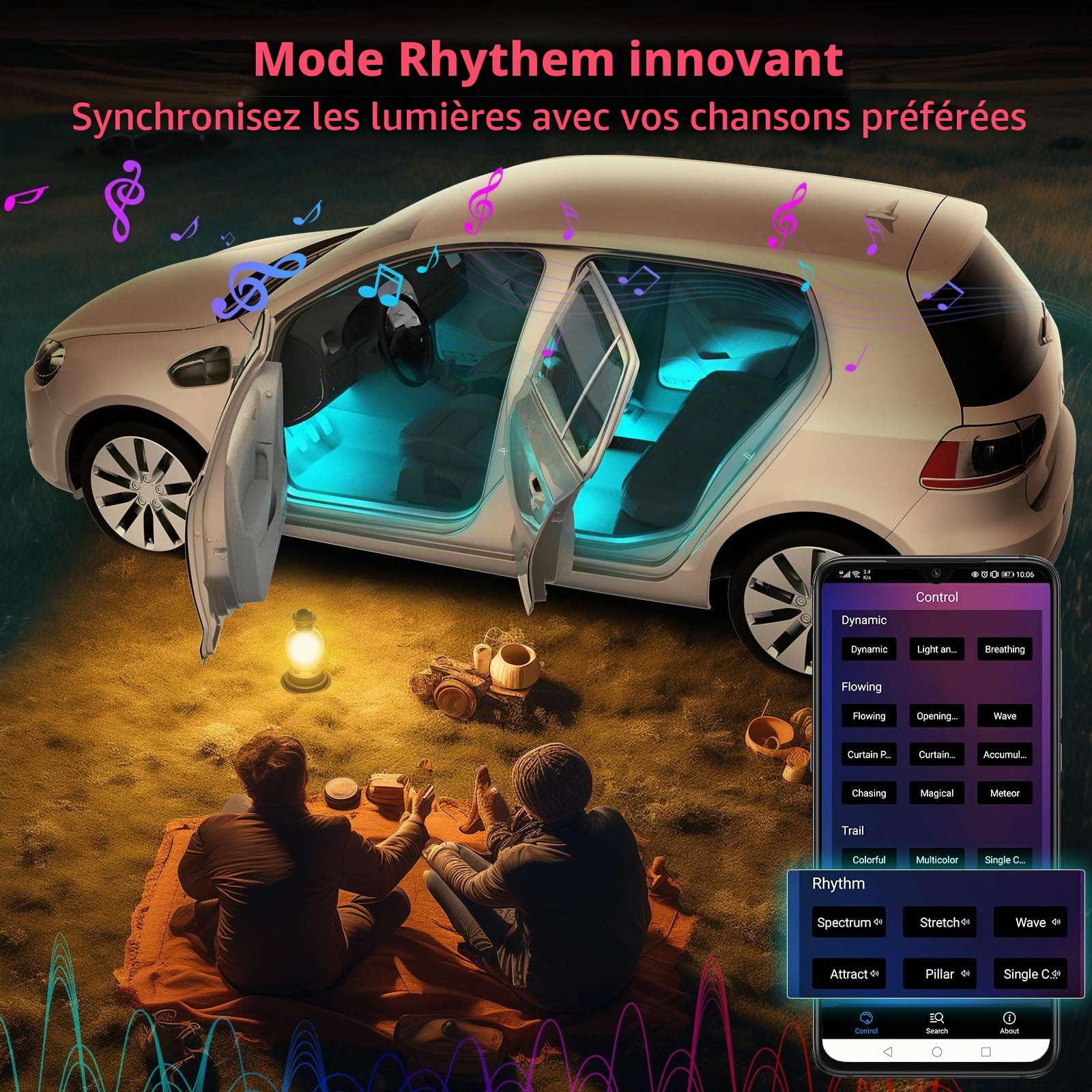 ATOTO Éclairage Intérieur de Voiture Contrôle APP, 160 LEDs RGB Decoration Voiture avec 16 Millions de Couleurs Changeantes et Modes Musicaux DIY, Contrôle Indépendant Avant et Arrière, CI-FLT01
