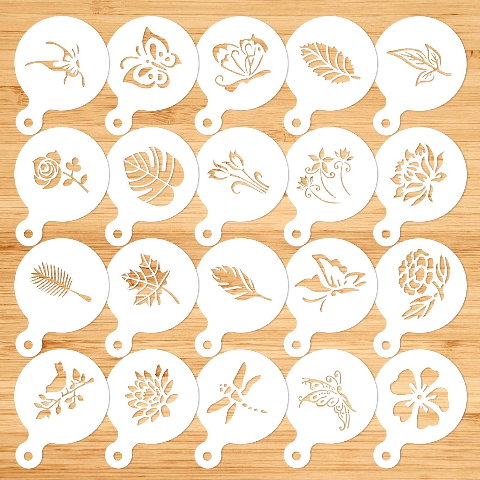 Konsait 20 Pack Cake Stencil Templates Decoration, Reusable Cake Cookies Baking Painting Journal Mold Tools, Dessert, Coffee Decorating Leaves Butterfly Flowers Bird Dragonfly for DIY Craft Decor