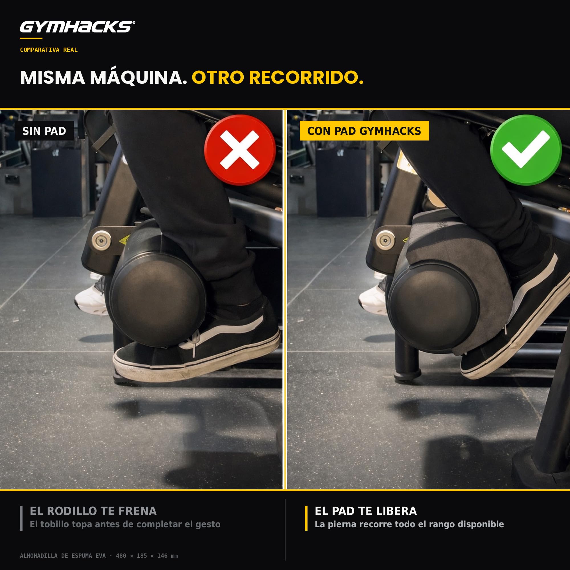 Almohadilla para Extensión de Cuádriceps - Pad para Máquina de Leg Extension, Amplía el Recorrido y el Estiramiento del Cuádriceps, Espuma EVA Alta Densidad, 48 cm, Negro
