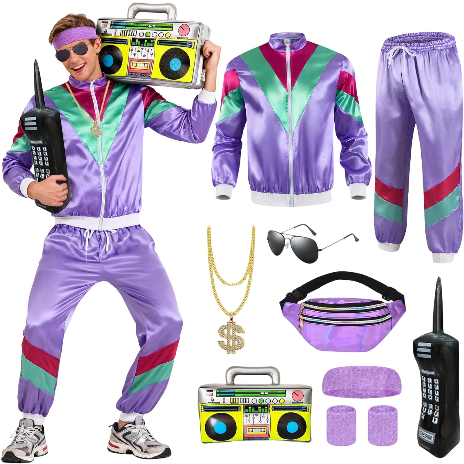 Xerteam 80s 90s Fancy Dress Men with Accessories, Retro 80s 90s Hip Hop Outfit for Adults, 80s Fancy Dress Set with 1 Sportswear Shirt Pant Hat Necklace Balloon Glasses (Purple, L)