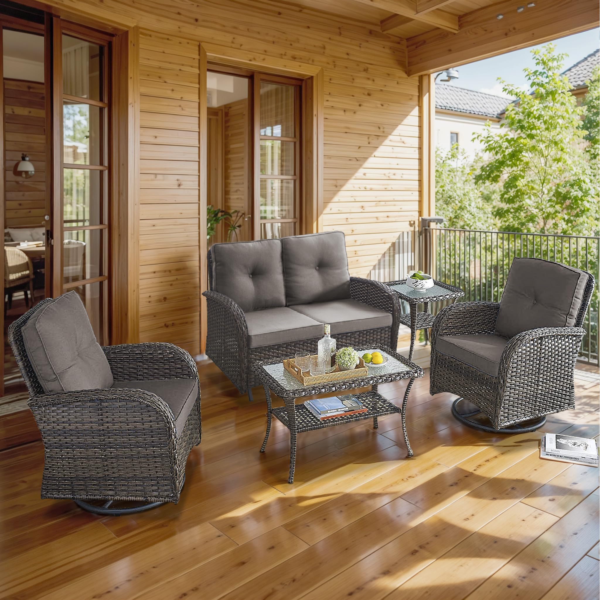 Artfurniz 5 Piece Patio Furniture Set - Wicker Patio Conversation Set with Swivel Glider, Glider Loveseat, Tempered Glass Side Table and Coffee Table for Deck Backyard - Brown Wicker Grey Cushion