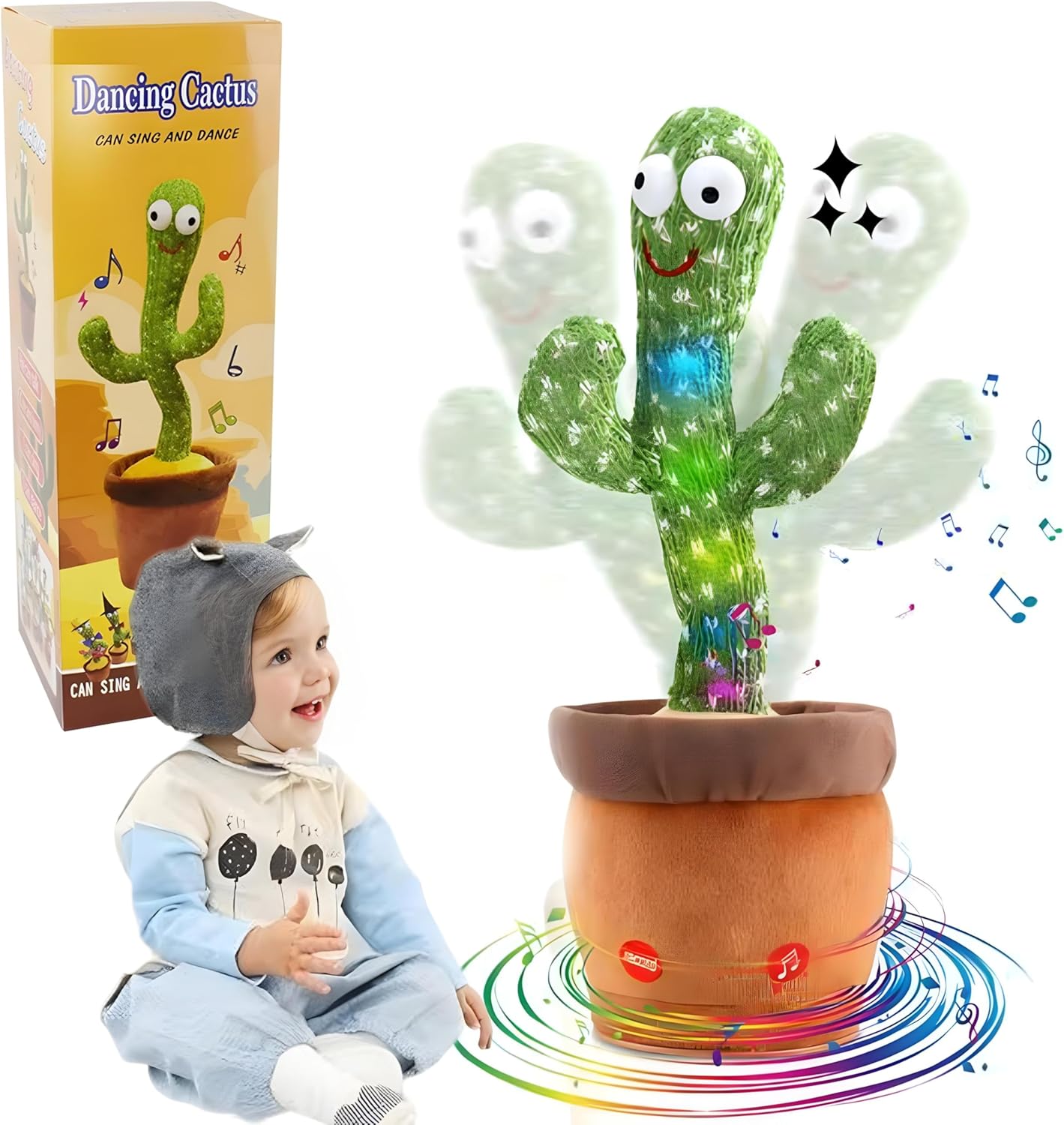 Rechargeable Talking Cactus Plush Toy for Toddlers Ages and 120 Songs with LED Lights, Voice Mimicry Dancing Cactus Musical Plush – Soft Educational Gift, Best for All Occasions