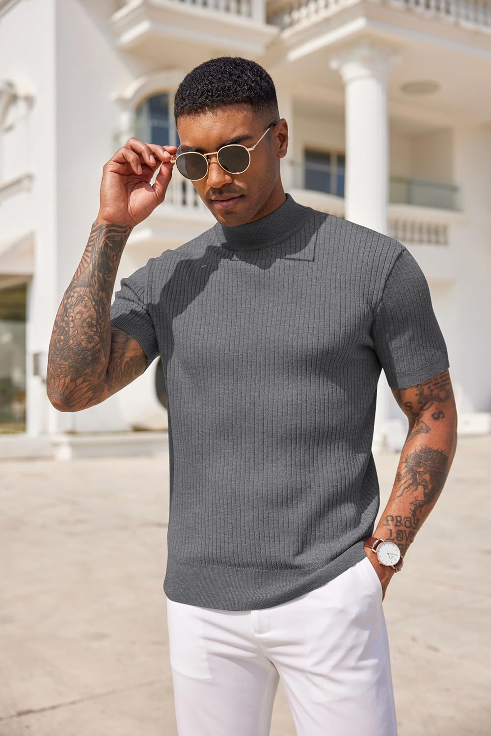COOFANDY Men's Mock Turtleneck Sweater Short Sleeve Casual Basic Tops Ribbed Knit Pullover Solid Tee - Image 2