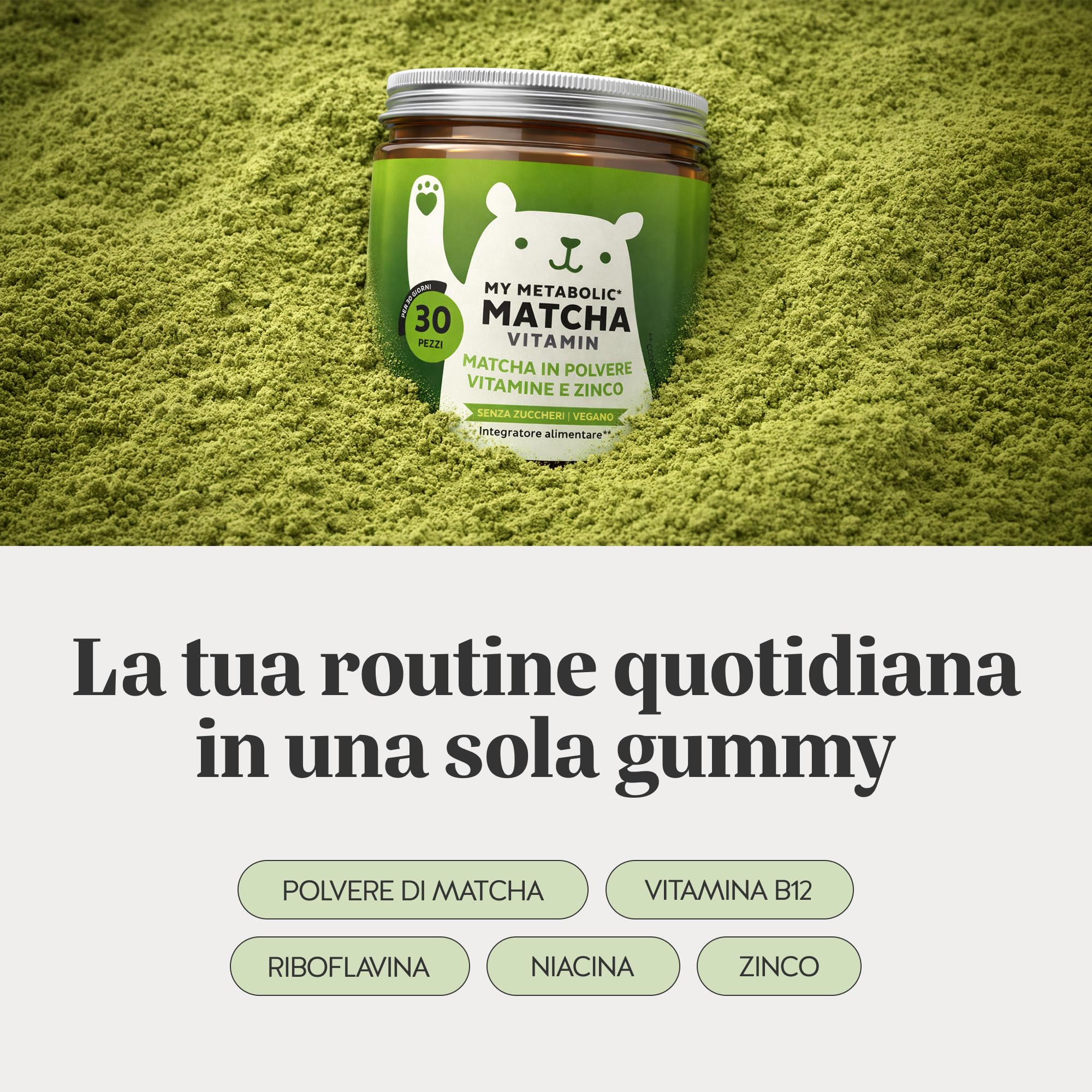 My Metabolic Matcha Vitamin Caramelle Gommose - Integratore Energizzante Naturale - Con Matcha, Vitamina B12, B2, Zinco, Niacina - 30 Pezzi (1 Mese) - Senza Zucchero, Vegano - Bears with Benefits