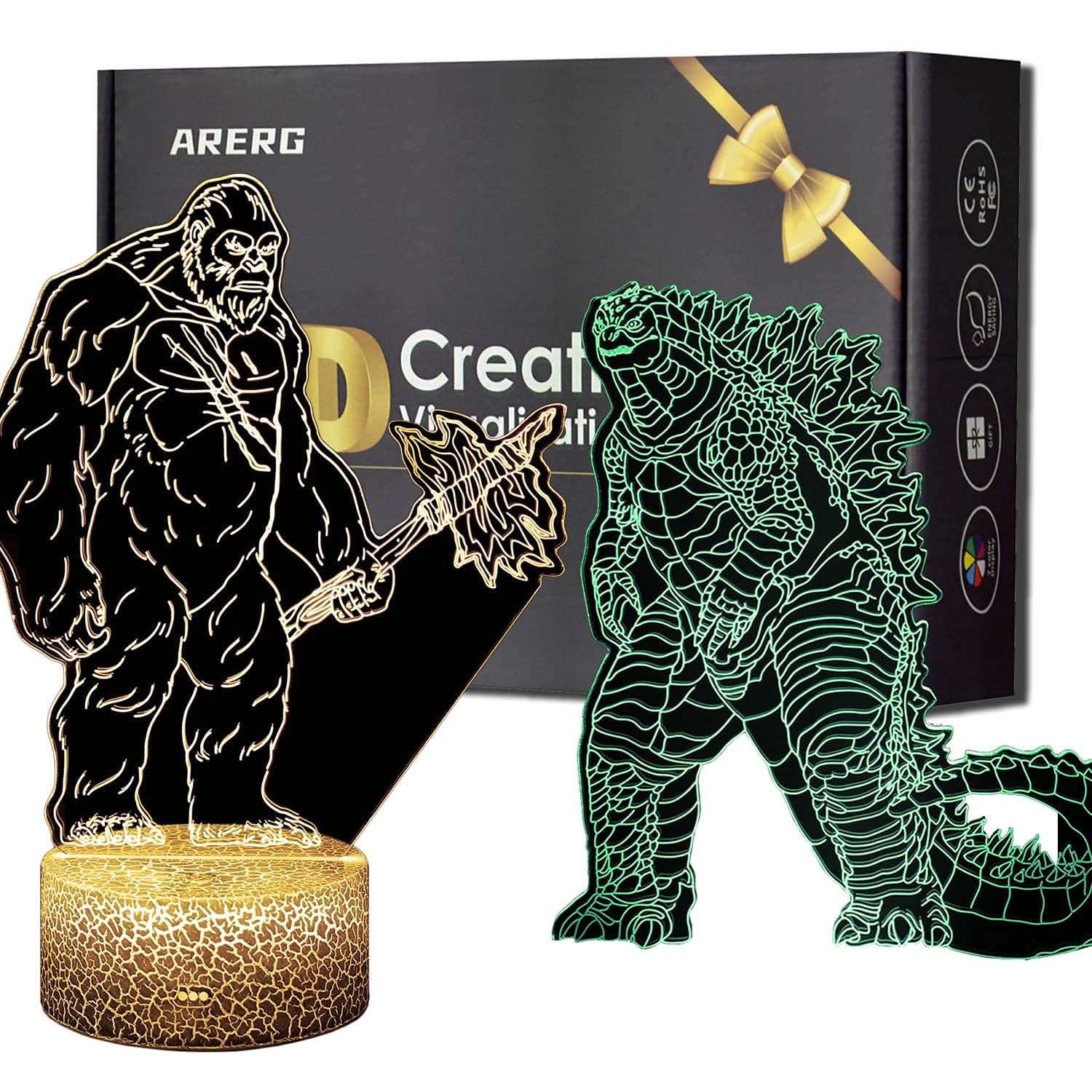 ARERG 3D Illusion Kong Night Light, Bedside Lamp with Remote 16 Colors Changable King of The Monster VS Kong Room Decor Lighting, Creative Birthday for Children Boys Men