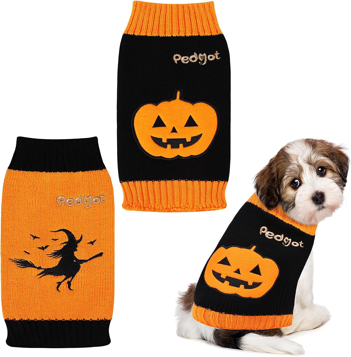 Pedgot 2 Pieces Dog Halloween Sweater Pumpkin, Witch Dog Apparel Soft Pet Sweaters Autumn Winter Pet Clothes for Dog Cat Halloween Holiday Supplies, Medium