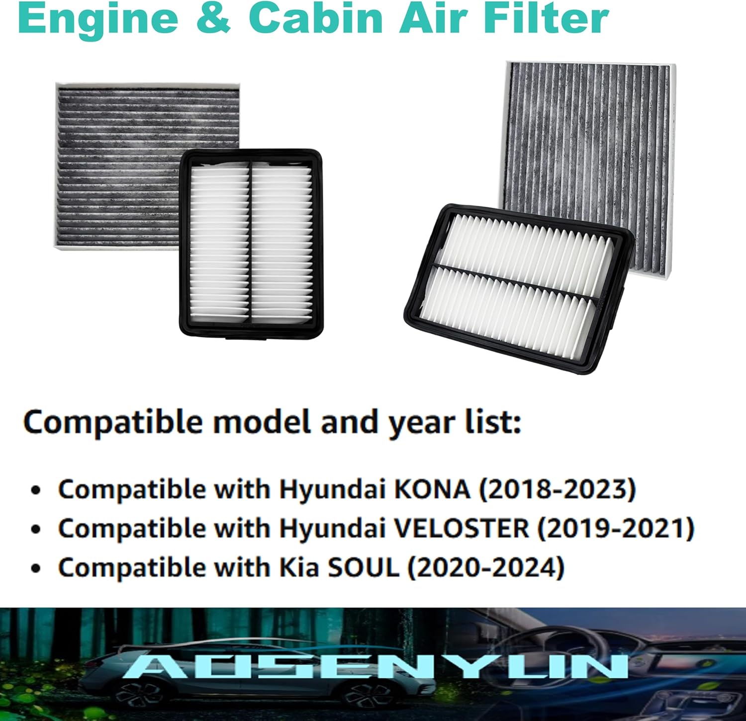 Engine & Cabin Air Filter For SOUL (20-24), KONA (18-23), VELOSTER (19-21), Replace 97133-D1000, 28113-F2000.