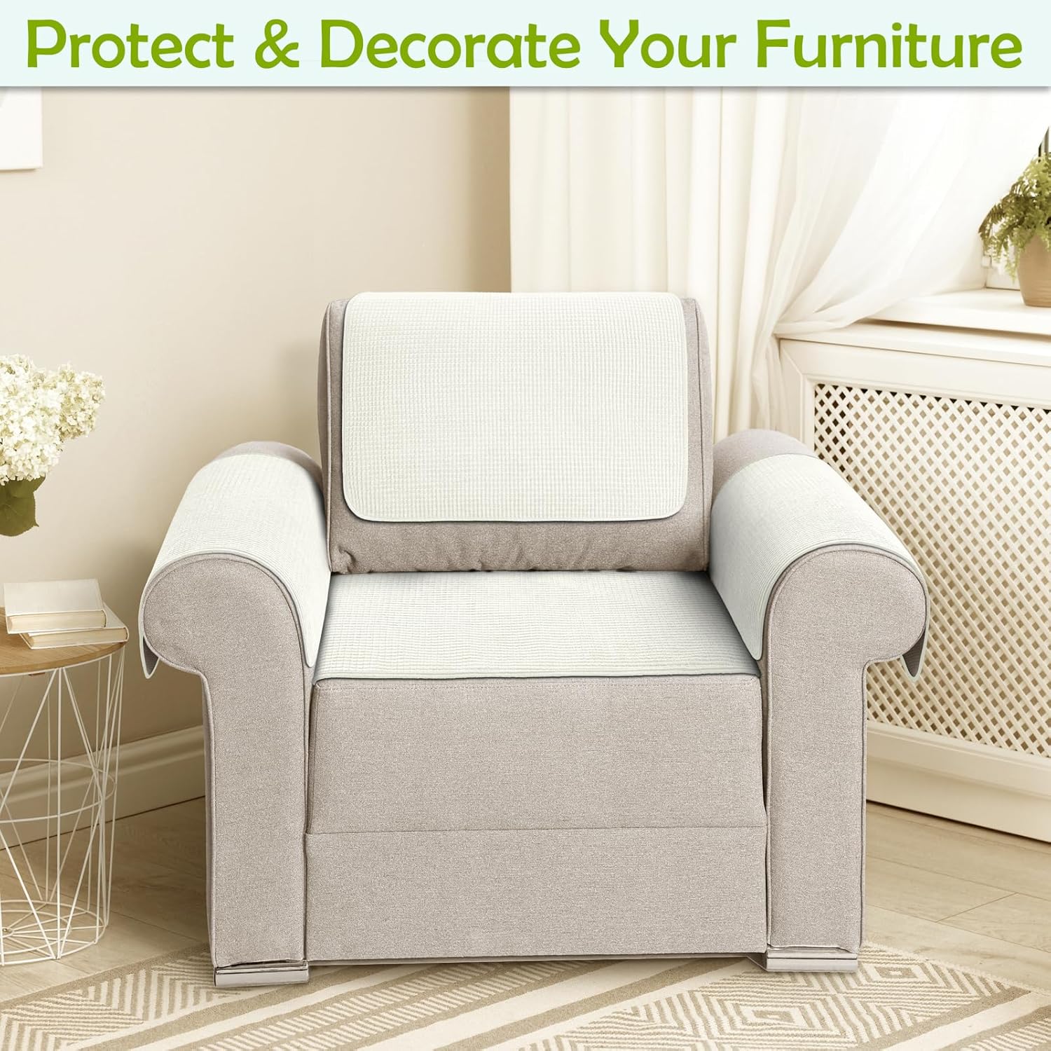 Couch Arm Covers, Sofa Arm Covers, Waterproof Armrest Cover for Sofa, Armchair, Loveseat, Non-Slip Recliner Arm Cover, Sofas Headrest Cover, Arm Chair Covers Set of 2 (Cream, 26"×26")