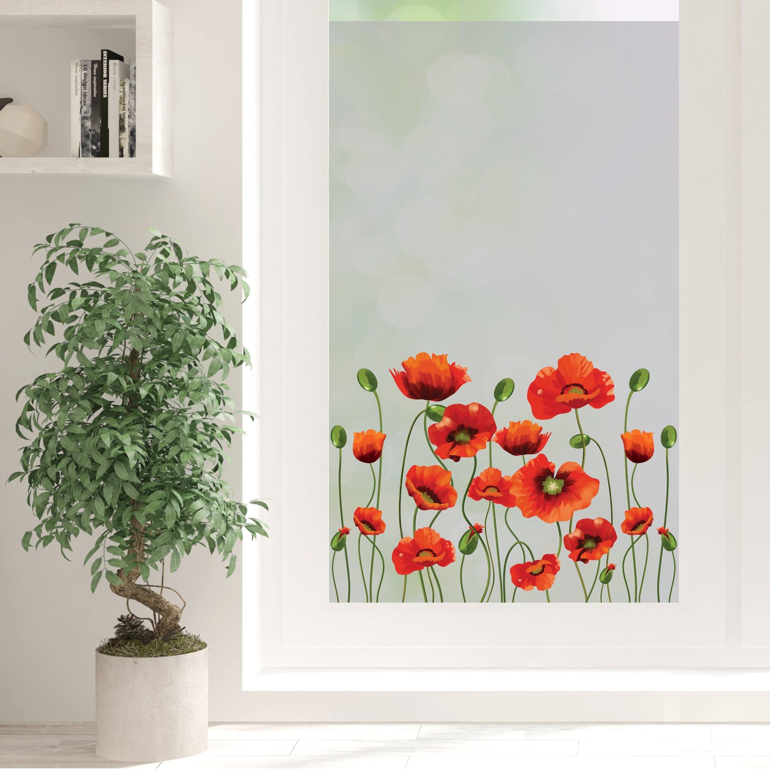 Sichtschutzfolie mit Mohnblumen, Fensterfolie Fensterdeko Milchglasfolie, 100 cm hoch, 75 cm breit