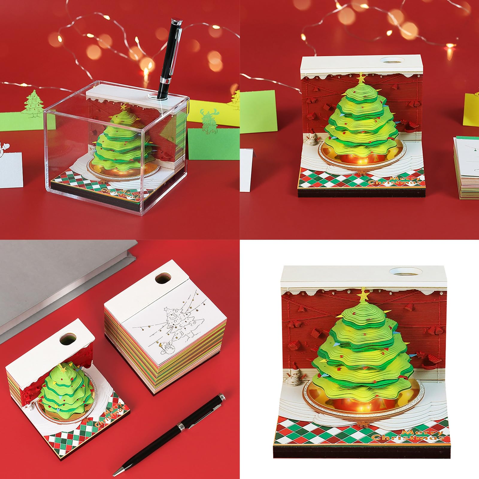 Weihnachtsthema Schnitzerei Kunst Notizblöcke Tisch Ornament 3D Papier Skulptur Notizblock mit Stifthalter für Weihnachtsdekoration Dekorativer Kalender