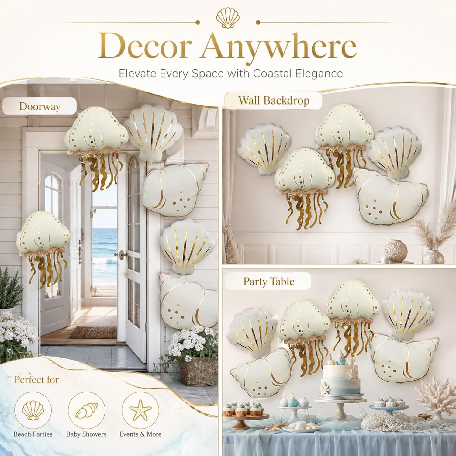 Ocean Themed Jellyfish & Seashell Foil Balloon Set, White Marine Balloon Decor with Ribbon and Straw, Reusable Foil Balloons for Underwater Themed Birthday, Baby Shower, Beach & BBQ Party Decorations image 5