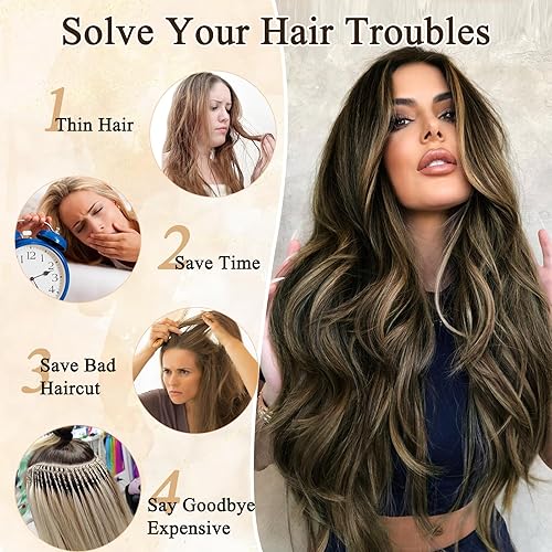 Miniatura 8 de FREEMEIGE Extensiones de cabello castaño con reflejos, ondulado, lacio, con clip, 4 piezas, extensiones sintéticas con clip para mujer, uso diario,