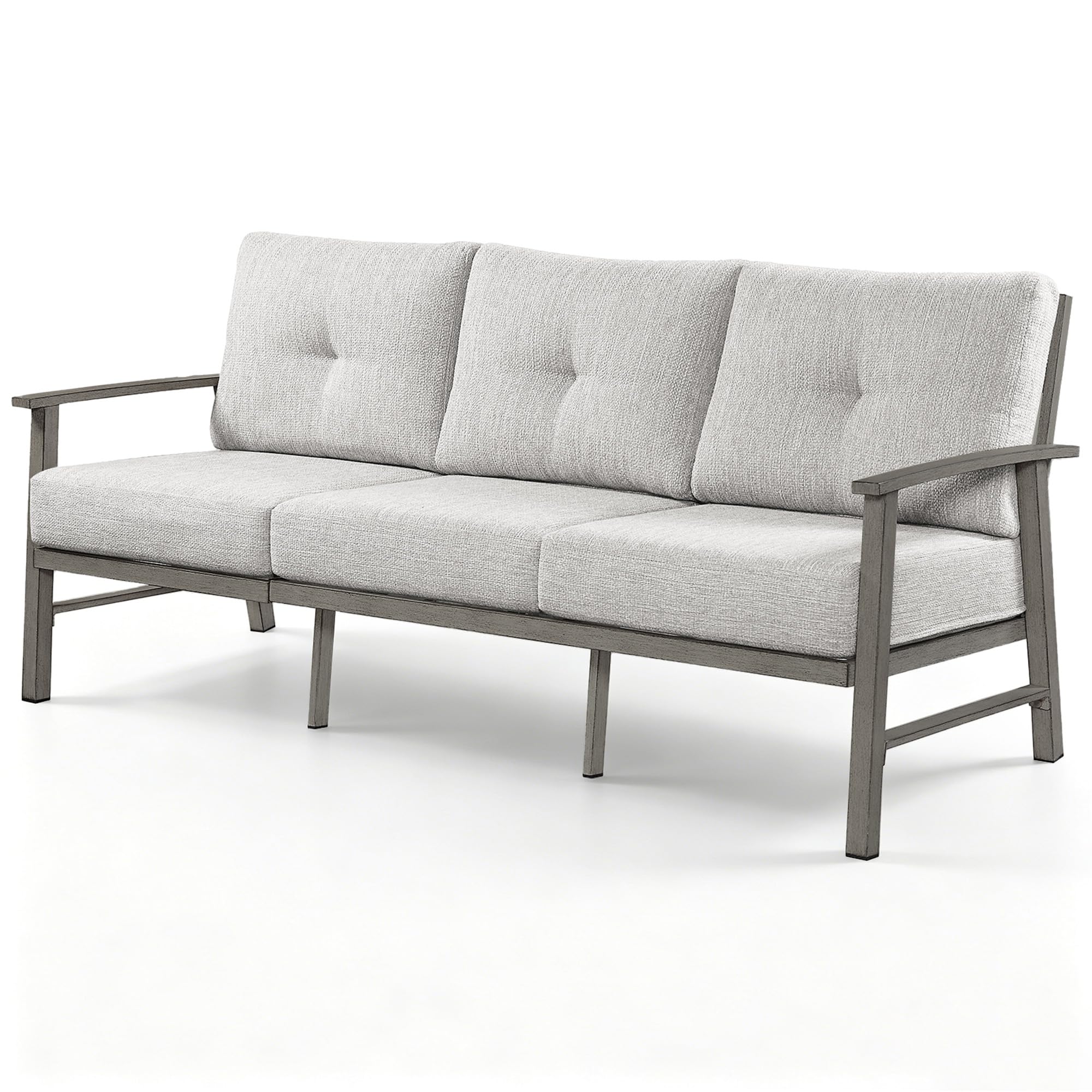 3 Seats Patio Furniture Sofa, Outdoor Aluminum Couch with 5.9'' Soft Cushion, 3-Seater All-Weather Outdoor Patio Furniture Sofa Couch for Balcony, Poolside, Lawn, Limed Oak