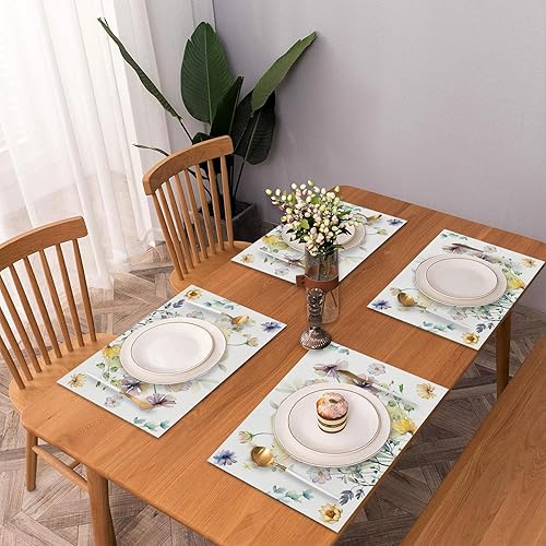 Miniatura 8 de AOFOTO Juego de 4 manteles individuales florales con estampado de acuarela azul, amarillo y hojas verdes, manteles individuales rectangulares
