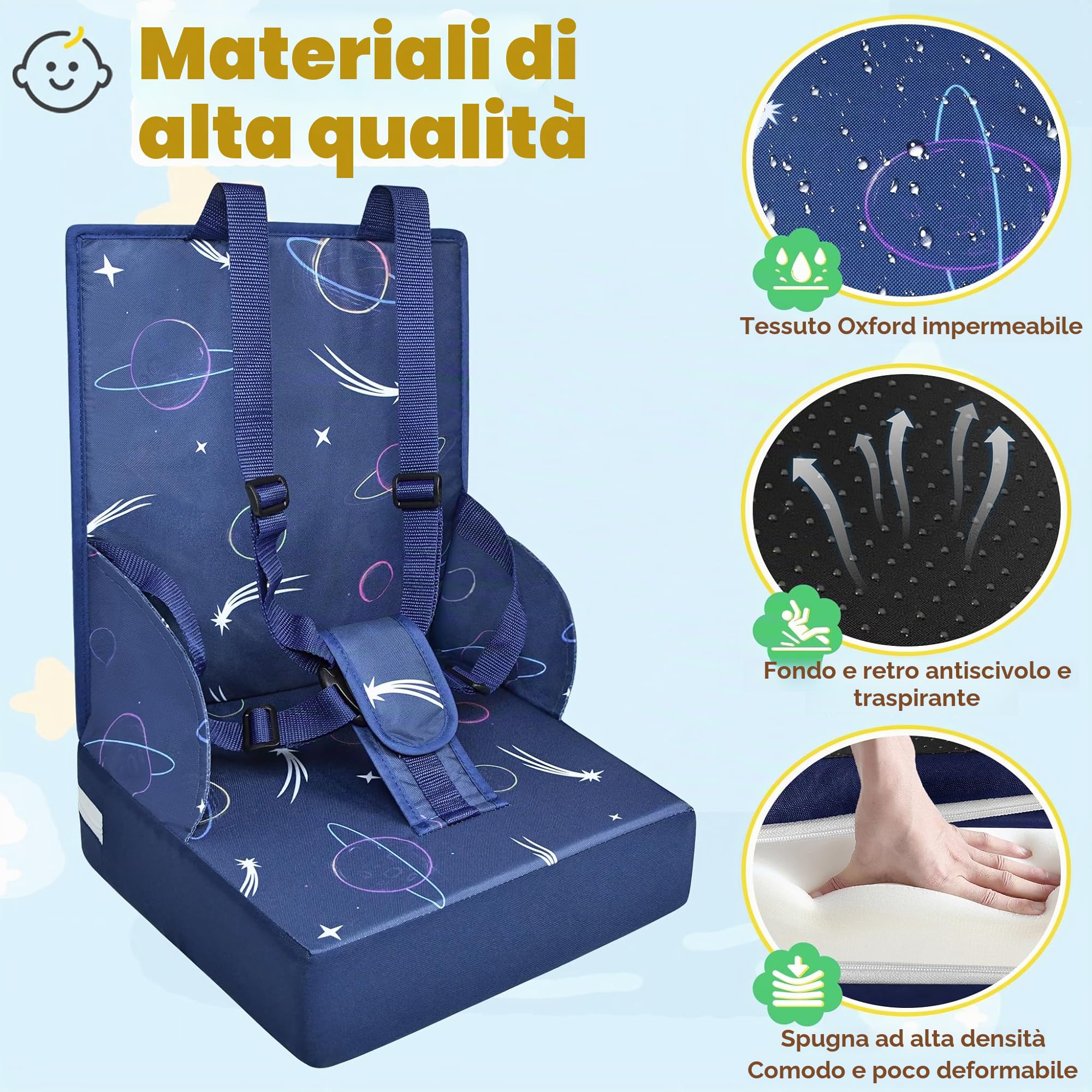 Sedia per bambini portatile con cintura di sicurezza regolabile antiscivolo lavabile blu