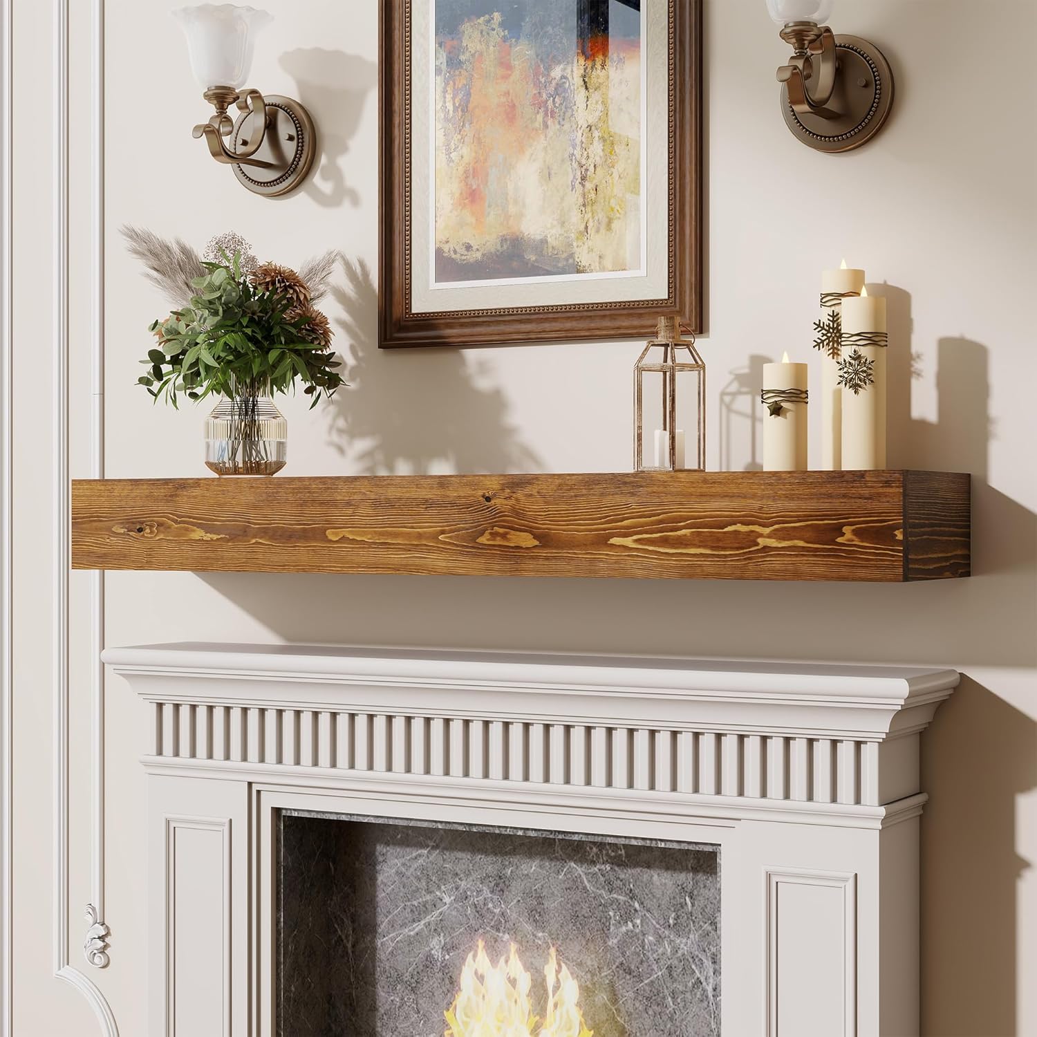 Marsmiles Fireplace Mantel Shelf 72 Inch, Rustic Handcrafted Wood Mantles for Over Fireplace, Farmhouse Wall Mounted Floating Shelves for Living Room Decor & Display, 72W x 5H x 8D, Provincial