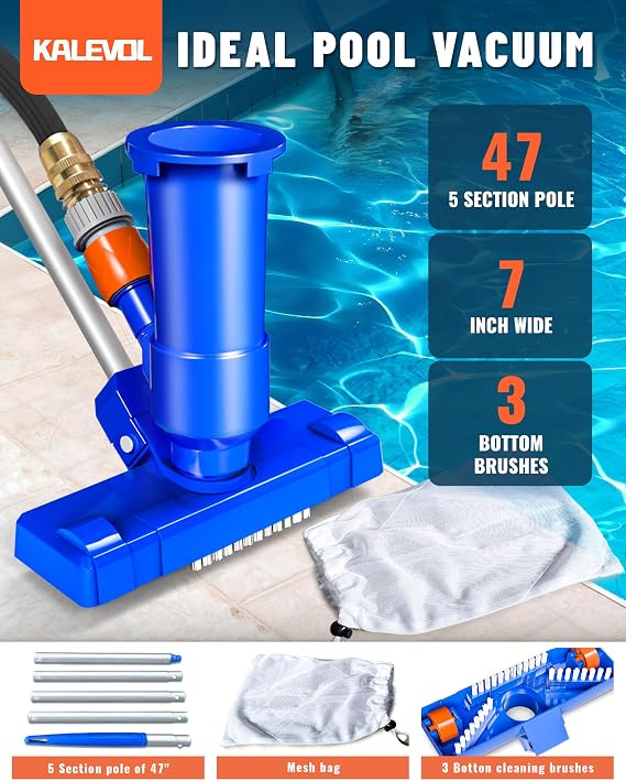 Manual Pool Vacuum for Above Ground Pool, 3 Brushes, Mesh Net, Pure Blue