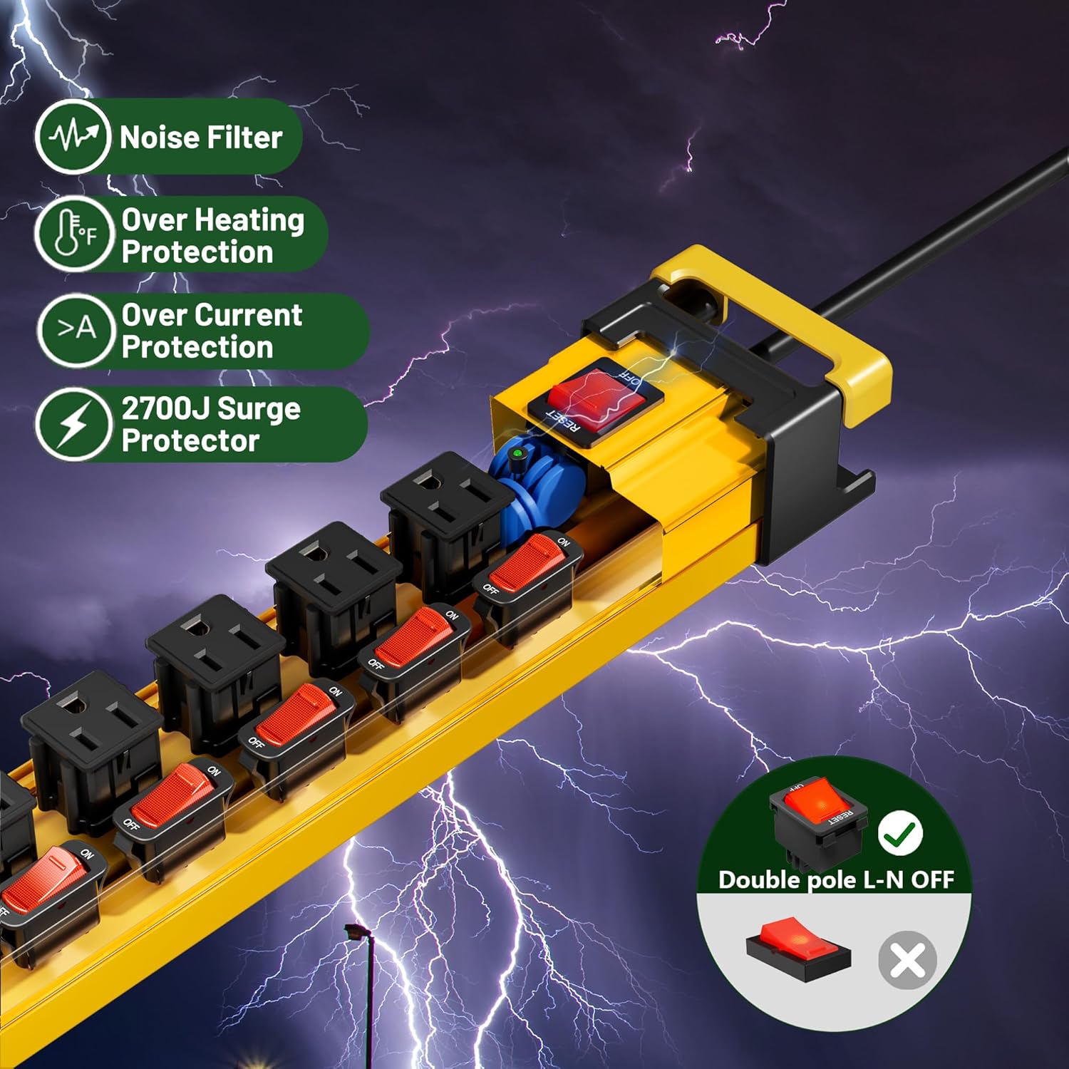 6 Outlet Heavy Duty 2700J Power Strip Surge Protector with Individual Switches Metal Mountable Power Strip with Flat Plug and Cord Manager, 6FT Long Extension Cord for Workshop, Workbench and Garage