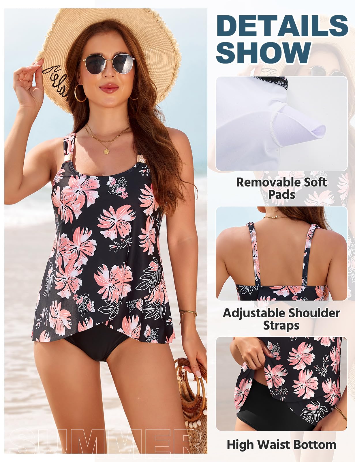 Nadeer Tankini Mujer Reductor Barriga 2 Piezas Push Up Volantes Conjunto Bikini Relleno Cintura Alta Piscina Playa Verano