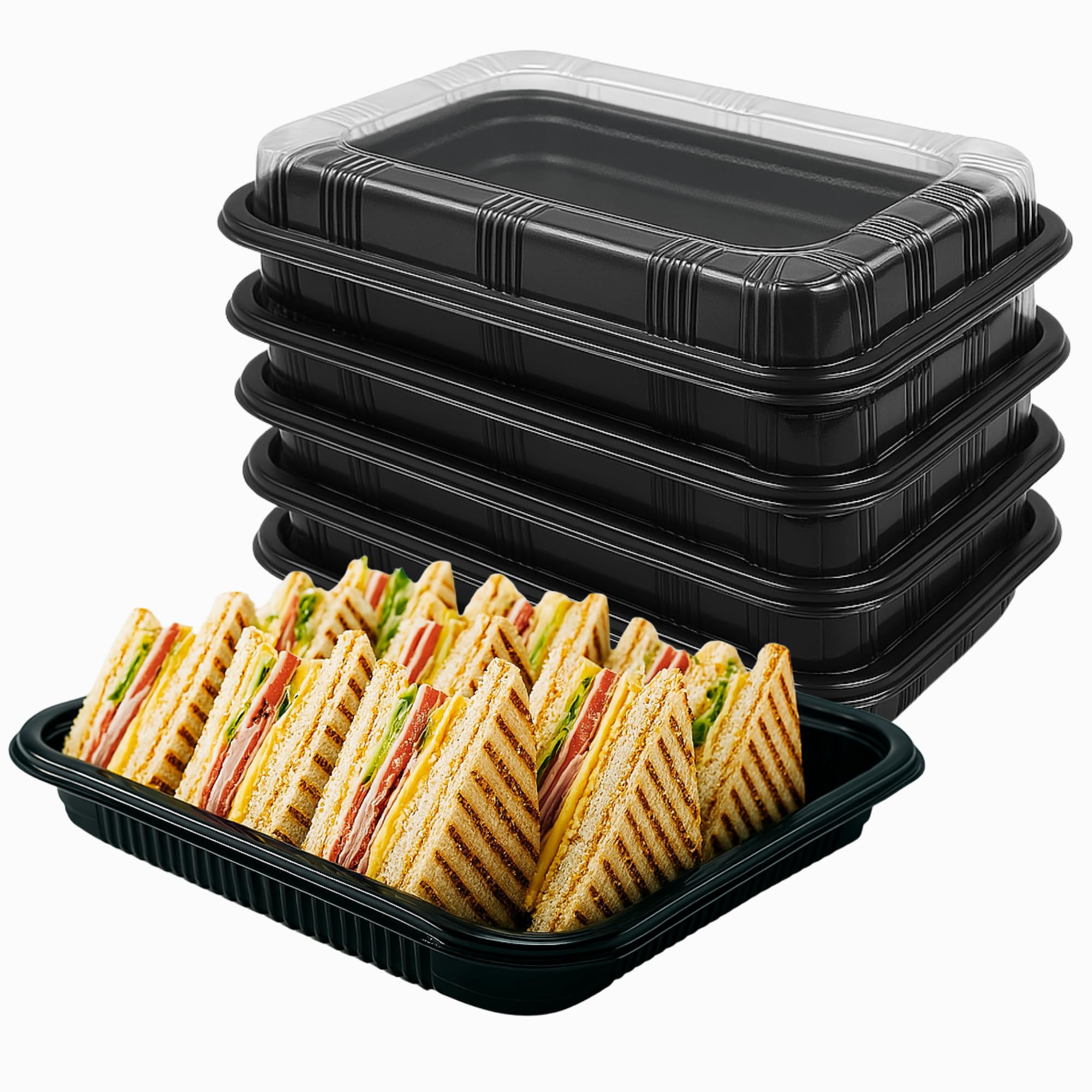 Caterco Black Base & Clear Lid Sandwich Platter Trays With Lids (10 Pack) – 33.5Cm X 24Cm X 7Cm Black Plastic Buffet Serving Platters For Party Food, Reusable Catering Trays With Clear Lids For Events, Sushi & Takeaway