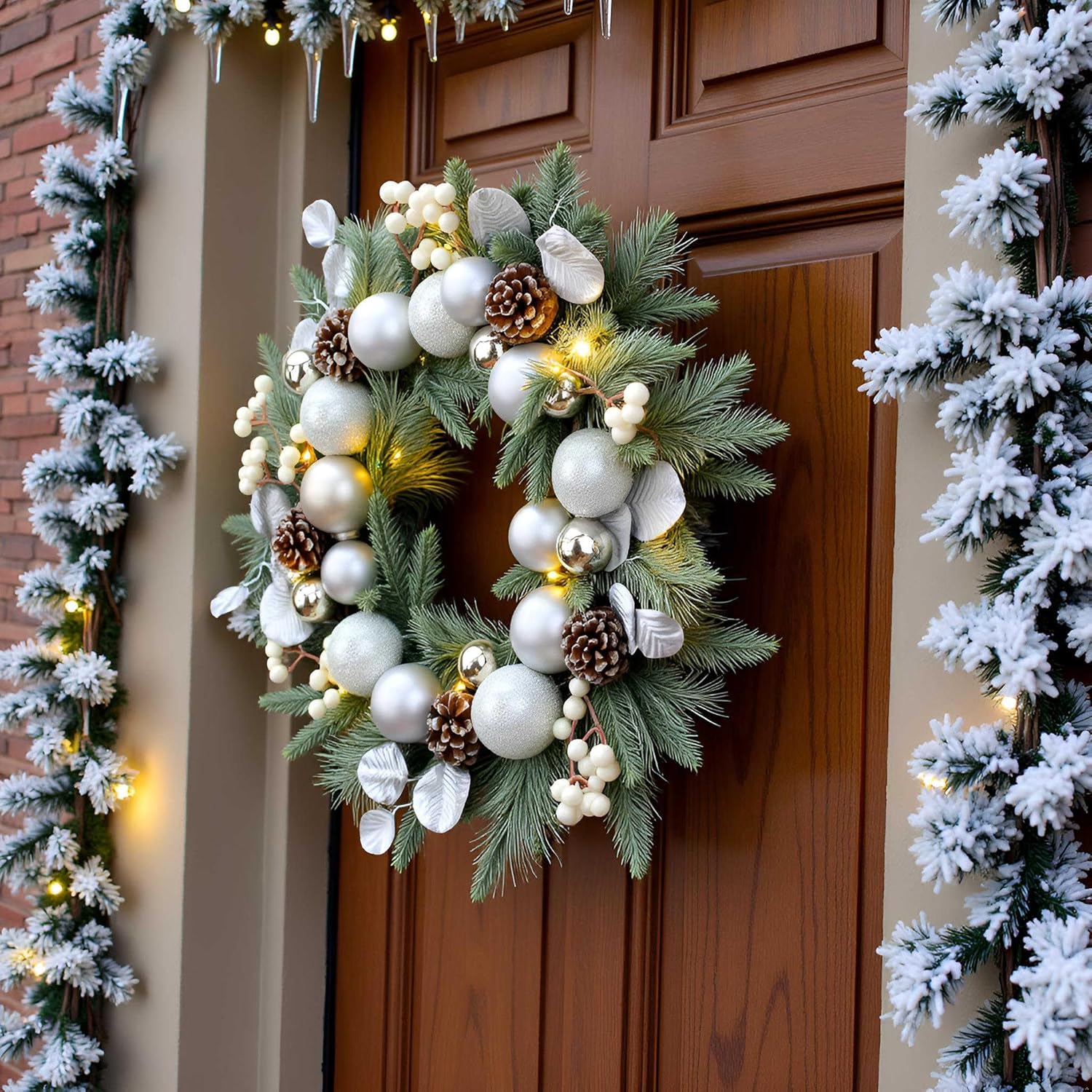 YULETIME 20-inch Christmas Wreath, Battery Operated Holiday Wreath with 20 Fairy Lights, Silvery Baubles, White Berries, Pine Cones, Silvery Leaves, Frosted Spruce Branches & Pine Needles (Silver) - Image 6