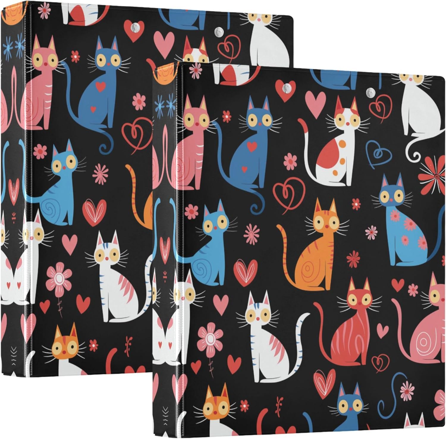 Colorful Cats 3 Ring Binders, 1.5” Round Ring Binders with Clipboard - Letter Size, 3 Interior PVC Clear Pockets & Anti-Slip Clip for Office School Supplies, 2PCS