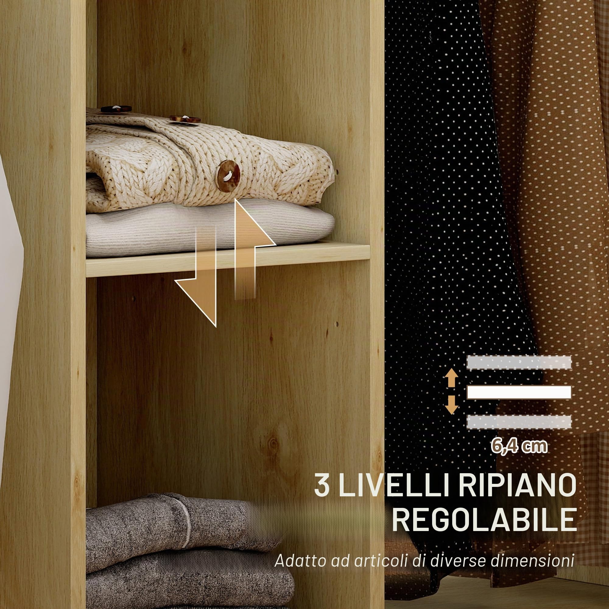 HOMCOM Armadio da stiro in legno, asse da stiro con rotelle, asta appendiabiti, ripiano aperto, per soggiorno, camera da letto, 125 x 43,5 x 102,5 cm, legno naturale