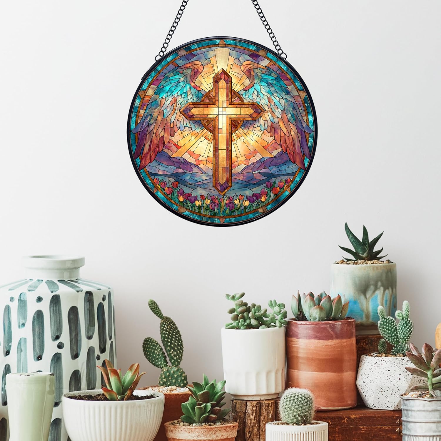 Cross Stained Glass Window Hanging Suncatchers, Christian Cross Sun Catchers Indoor Window Glass Wall Art Decor, Religious Biblical Wall Hanging Decorations Sculptures, 7.9x7.9in - Image 5