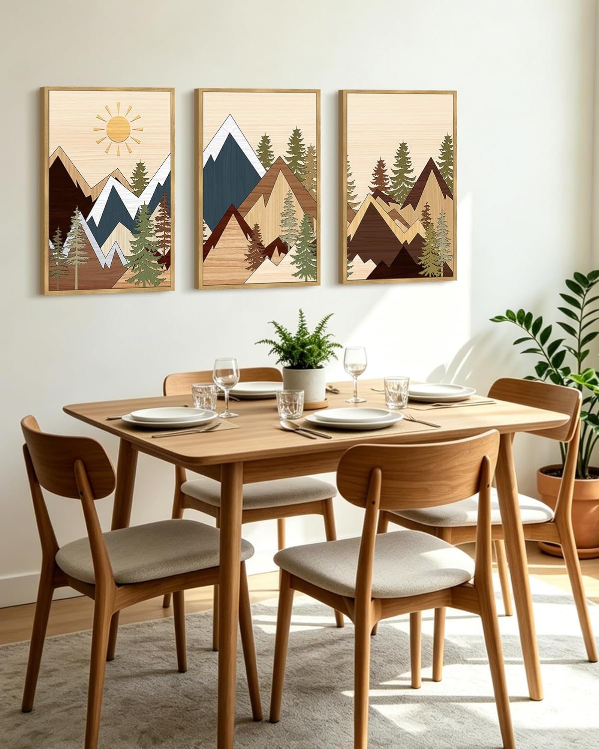 PHOPAGO Morden Mountains Framed Wall Art 16x24in Boho Woodcut Pine Tree Forest Nature Landscape Artwork Prints Bohemain Farmhouse Rustic Bedroom Living Room Decor - Natural Framed