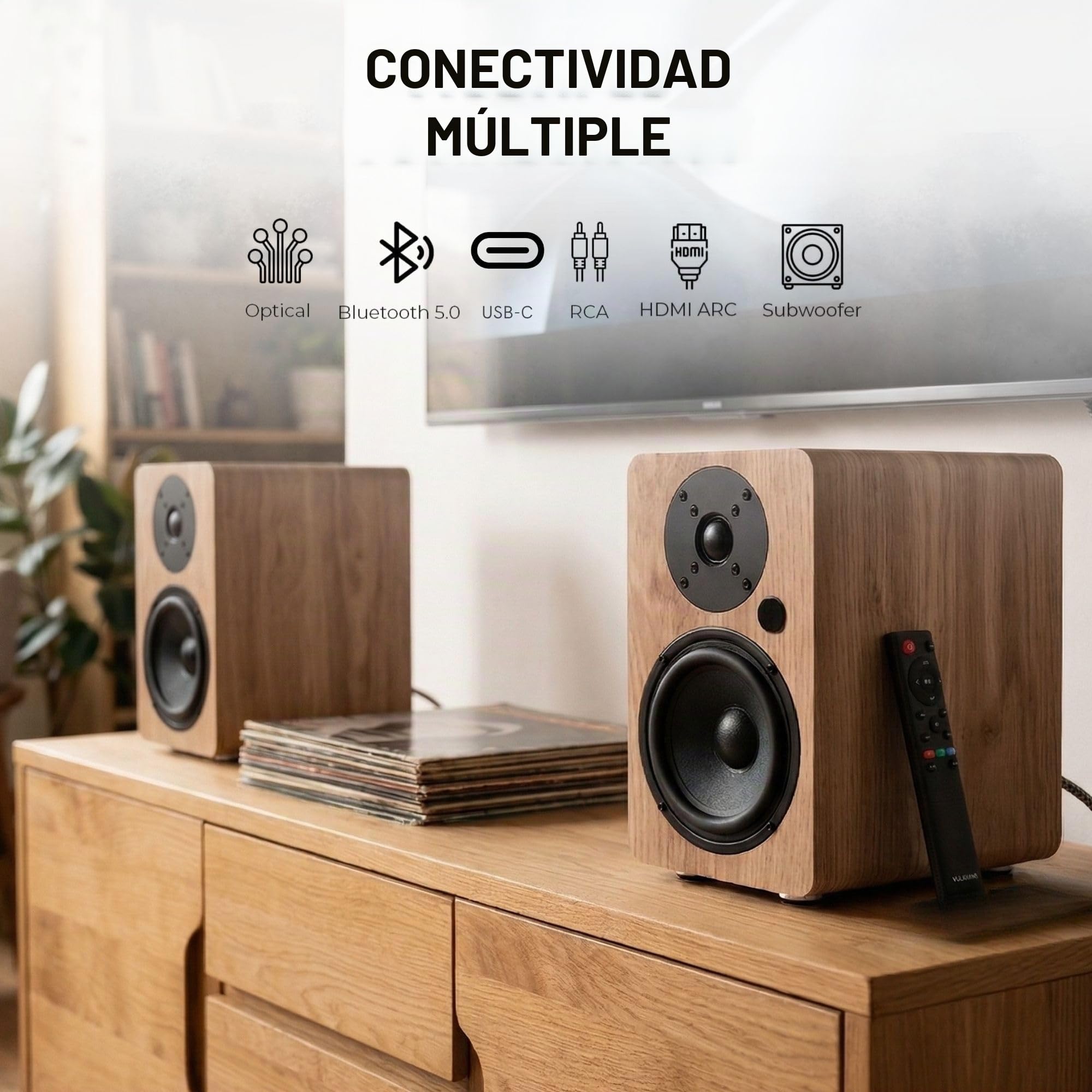 VULKKANO Pack Hi-Fi: Tocadiscos TD10 + Altavoces Autoamplificados A5 ARC MKII con Bluetooth 5.0, HDMI ARC, RCA, USB-C y Subwoofer – Sonido Estéreo de Alta Fidelidad para Vinilos y TV, Diseño Elegante.
