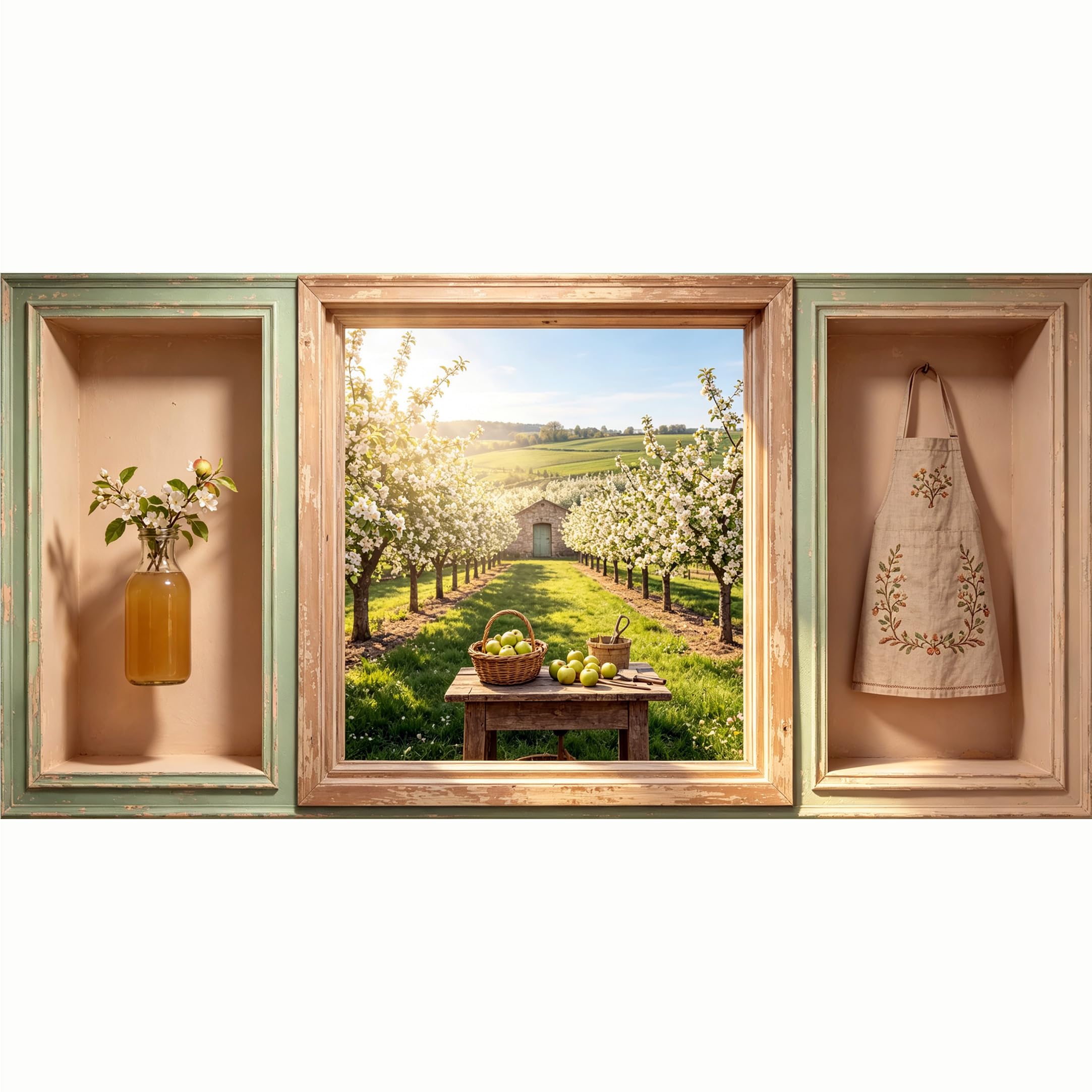 QZLITHOTIC 50x100cm 3D Framed Wall Art， Spring Apple Orchard Landscape Farmhouse Floral Mural， Water‑Activated Peel & Stick Fabric Decor Wall Decal for Bedroom Living Room
