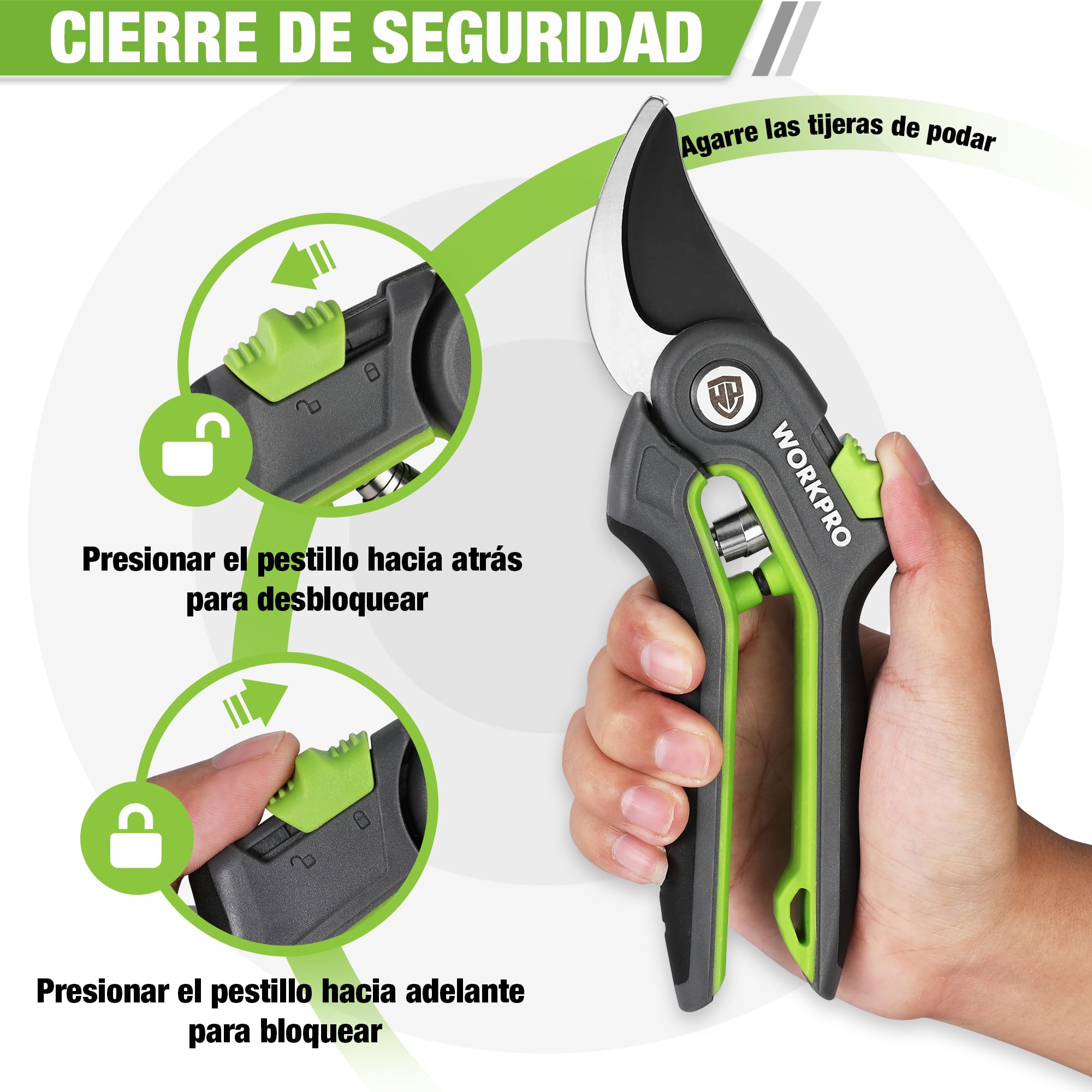 WORKPRO Tijera de Podar 210mm, Tijeras de Podar Bypass Profesionales con Hoja SK5, Tijeras Curva Corte de 19mm, Herramienta de Jardín, Ideal para Injertar, Podar, Tijeras de Podar para Jardinería