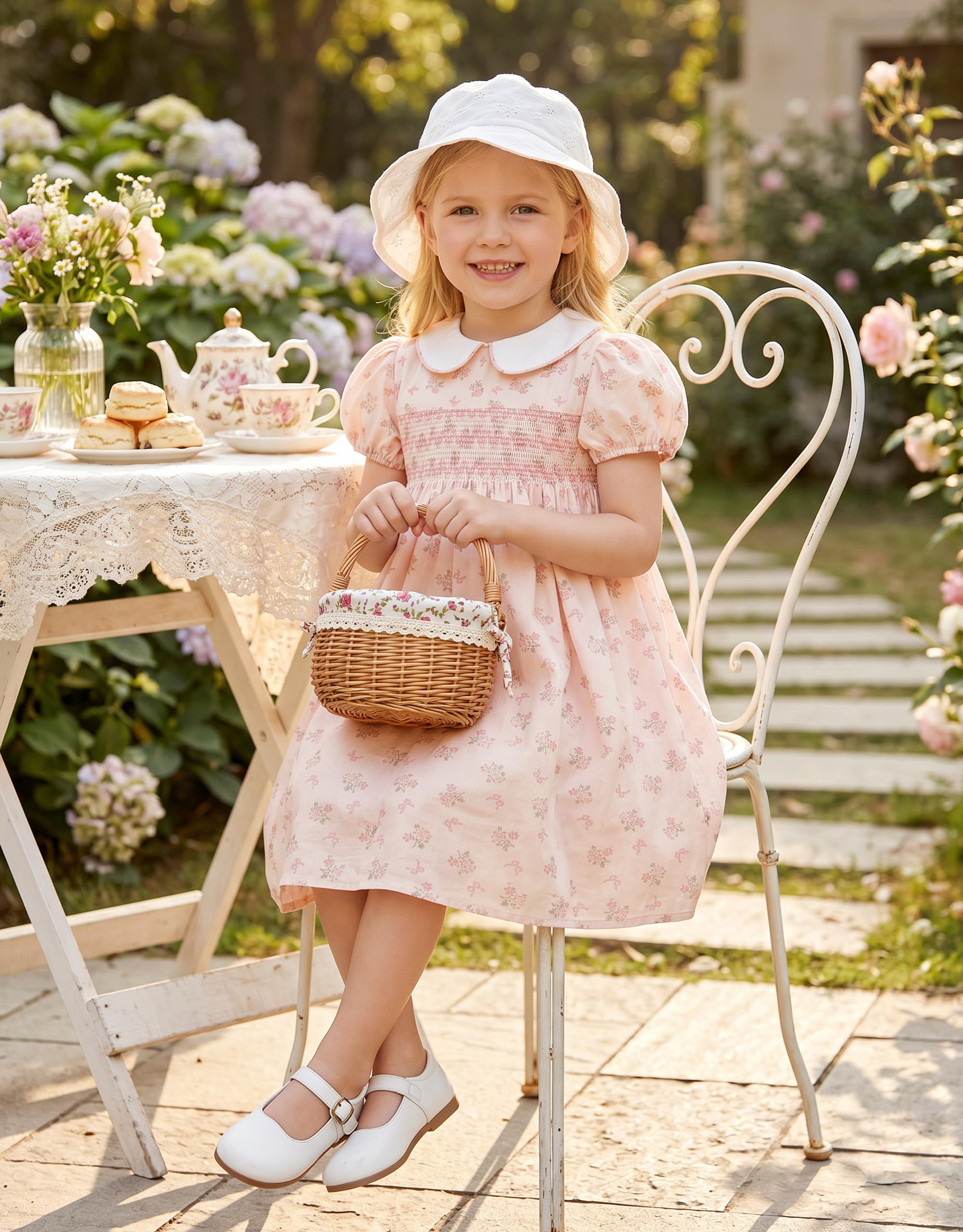 Miipat Robe à Fleurs Smockée Coton pour Petite Filles, Élégante Vintage Décontractée à Manches Bouffantes Princesse Été Robes Enfant