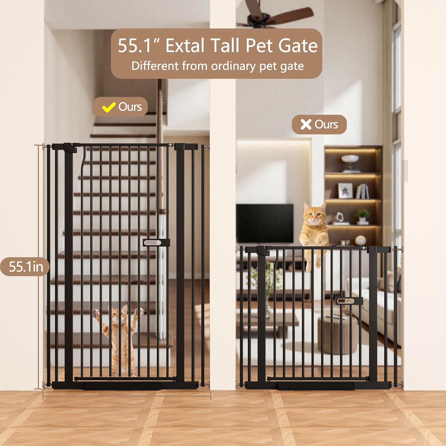 Size 55.1 Color Black Extra Tall Cat Gate 55.1 for Doorways, 30.1-33.8 Wide High Pressure Mounted Baby Dog Pet Gate for Stairs, 1.37 Gap No Drilling Auto Close for Hallways/Kitchen, Black
