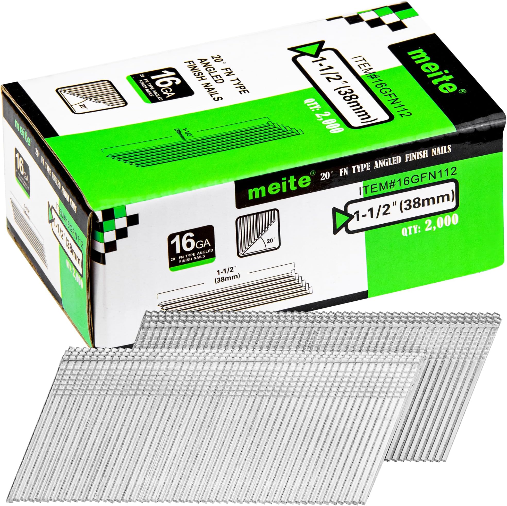 16 Gauge 20 Degree Angled Finish Nails 1-1/2 Inch Galvanized Rust-Proof Finishing Nails for Electric or Pneumatic Finish Nailer - Cabinet Crown Baseboard Trim & Molding (2,000 PCS)