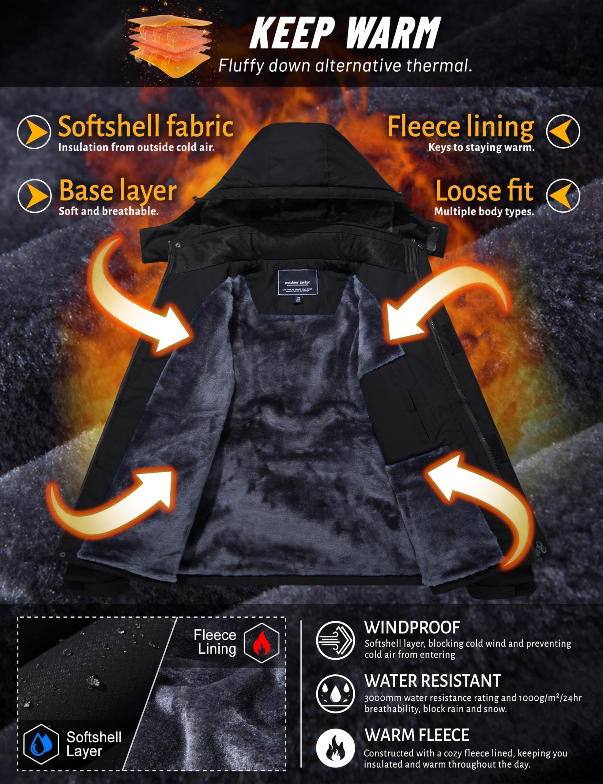 TACVASEN Impermeabile Giacca da Montagna in Pile da Uomo Giacca da Sci Calda Multi-Tasche