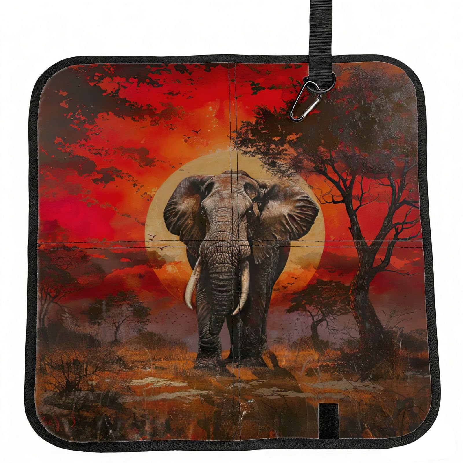 DIEzig Elephant Sunset Printed Compact Foldable Sitting Pad Oxford Base, Portable Cushion for Fishing Sports Events
