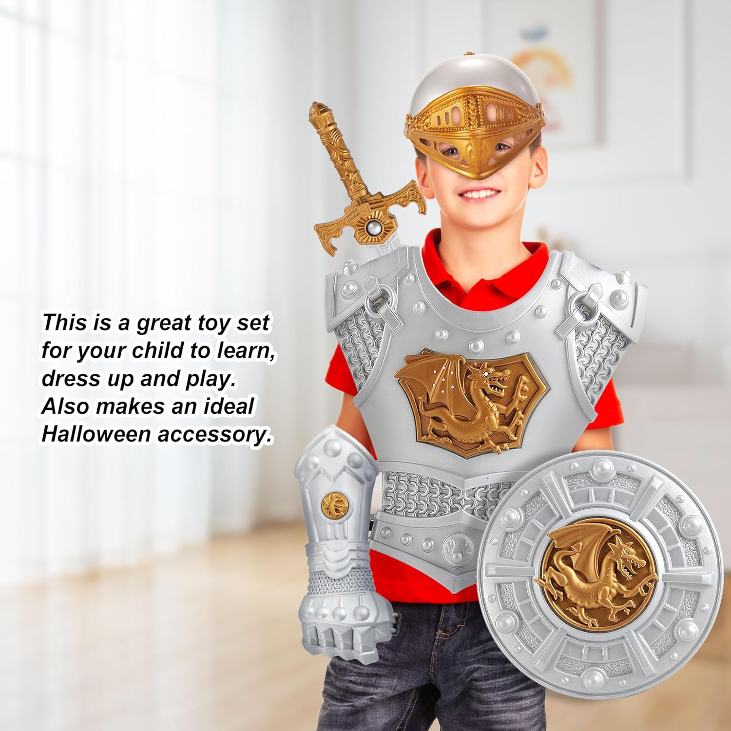 PowerTRC Medieval Knight in Shining Armor Toy for Kids with Helmet Swords Shields Accessories, Knight in Shining Armor Costume Pretend Role Play Cosplay School Party Halloween Dress Up