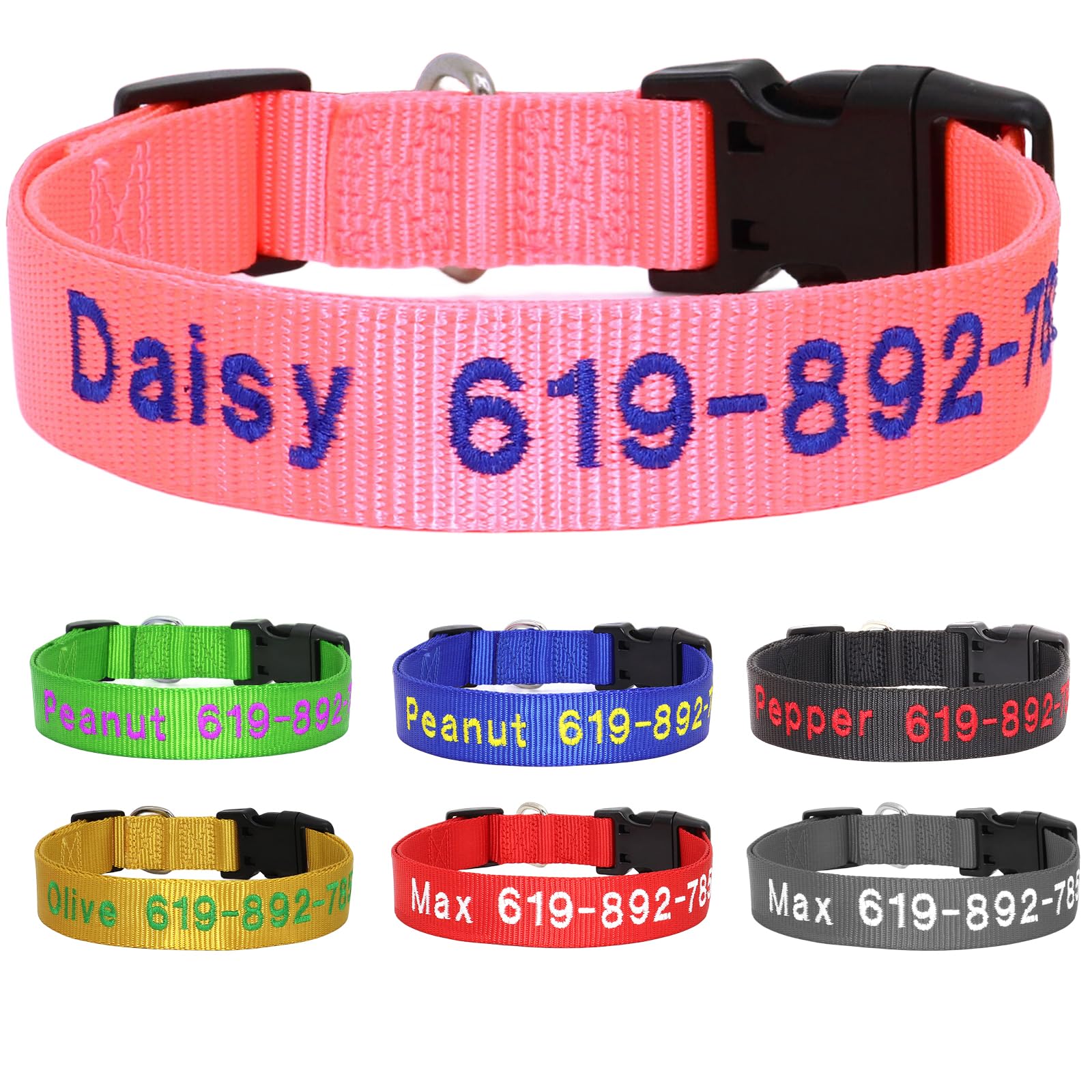 Personalized Embroidered Dog Collars, Custom Dog Name & Phone Number, 5 Adjustable Sizes for XS to XL,Nylon Collars for Boy Girl Dogs,Puppy,Safety Release Metal Buckle and D-Ring,Pink