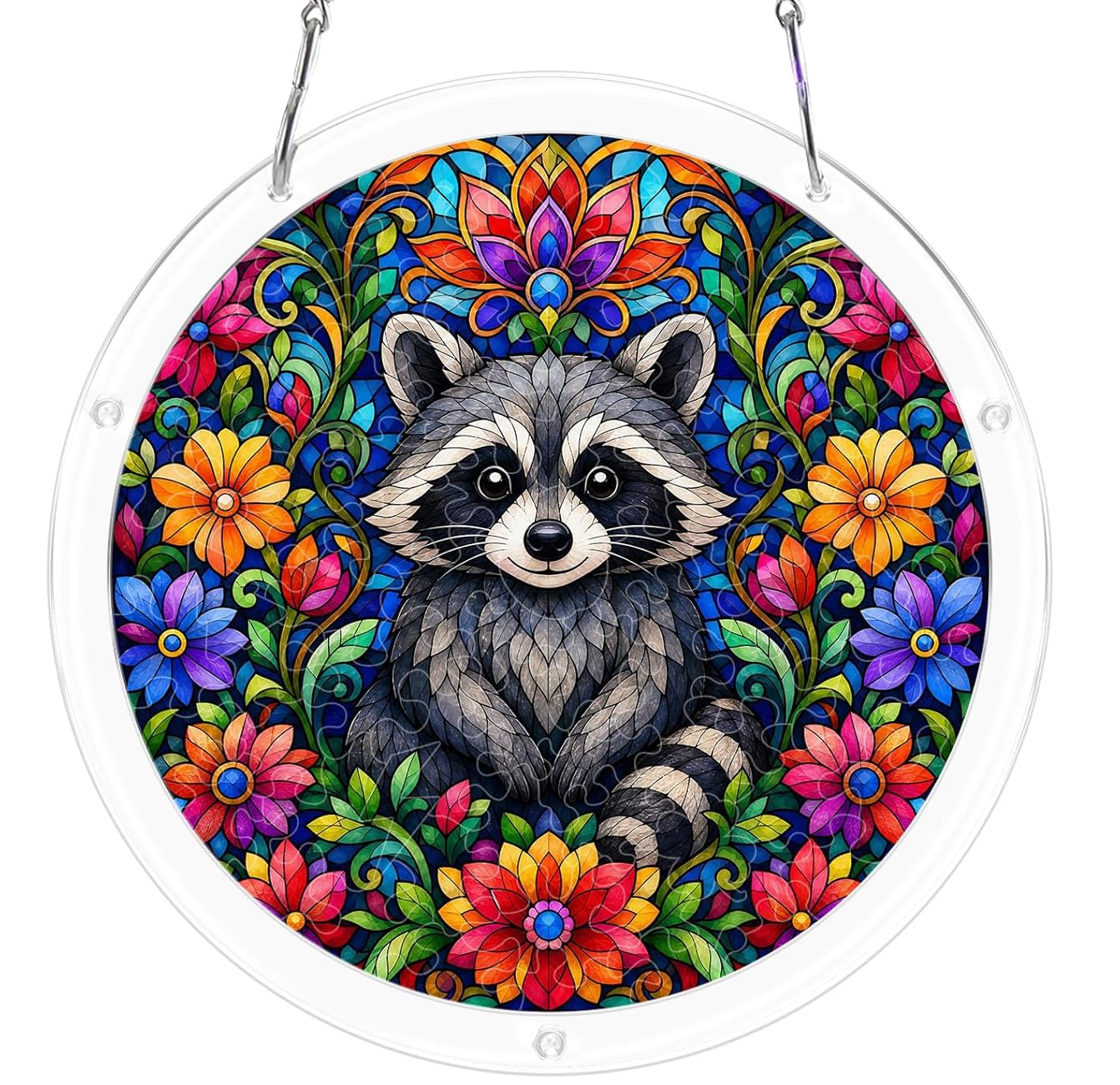 Floral Raccoon Acrylic Jigsaw Puzzles Suncatcher, 7.4 Inch Window Hanging Suncatcher Acrylic Puzzle, DIY Home Decor Art Gift