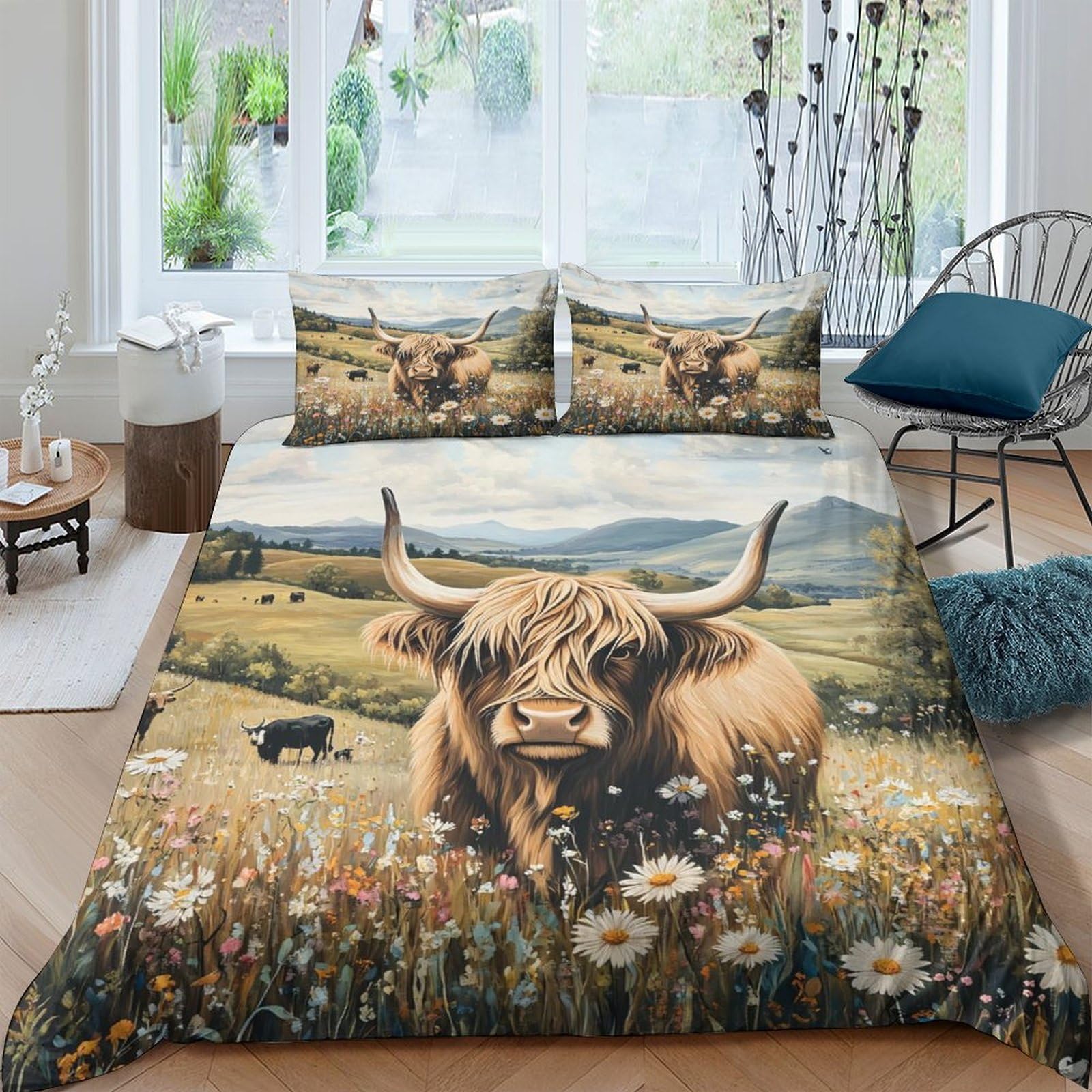 Ctjqhvkz Style-2 3D Printed Highland Cow Fitted Sheet Microfiber Soft Rural Meadow Bed Cover For Bedroom Guest Room Mattress Decor Single（135X200cm）