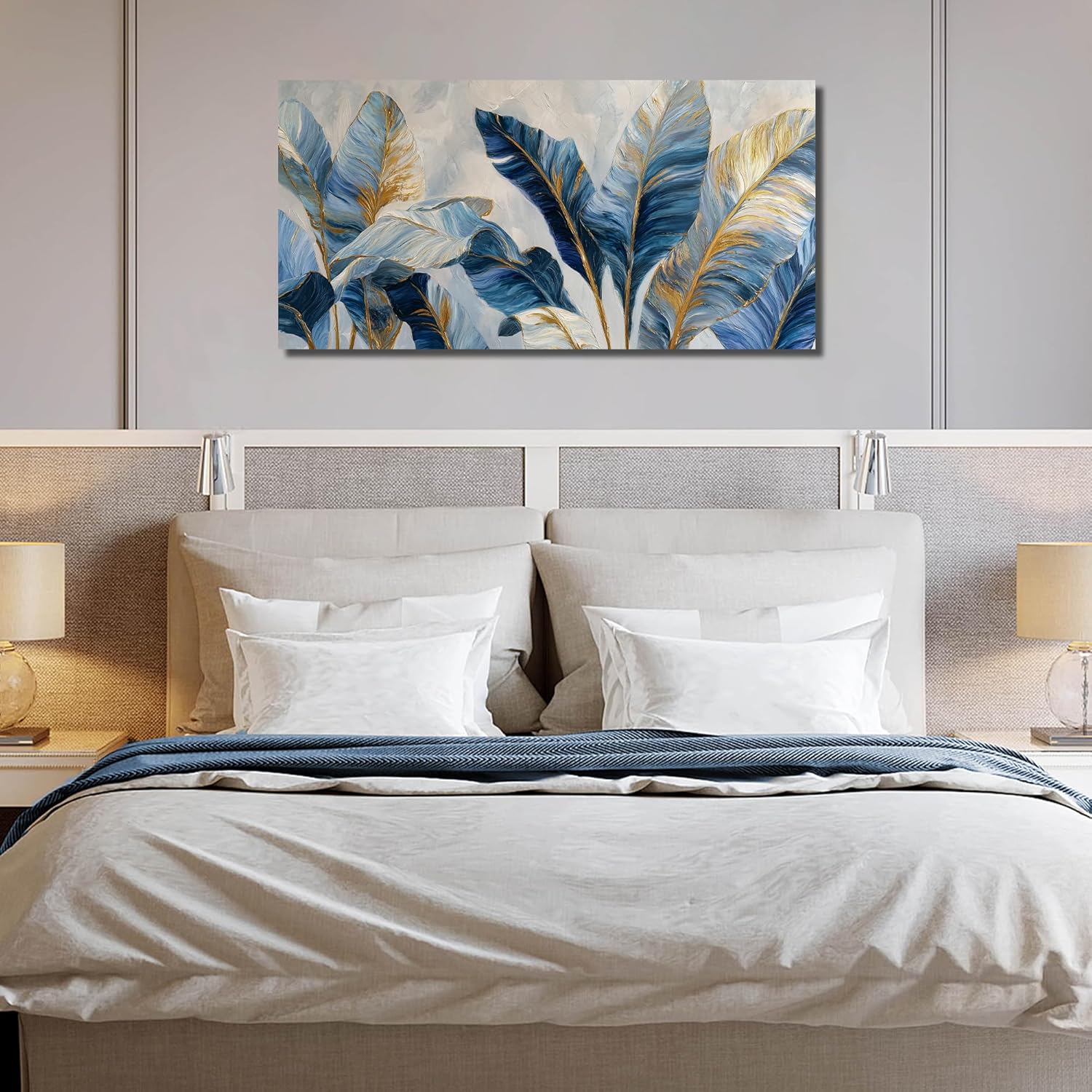 JuhaiArt White Banana Leaf Prints Bedroom Blue Canvas Art Botanical Gold Wall Artwork for Living Room Office 29" x 59"