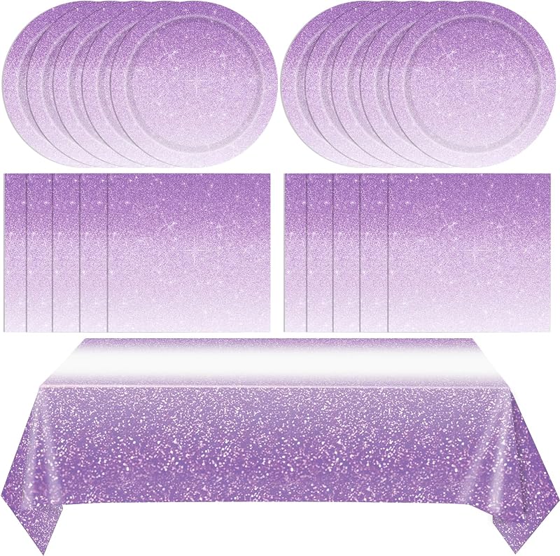 Juego de vajilla desechable para fiesta, 41 piezas, color morado degradado, platos de papel, servilletas, mantel, para bodas, cumpleaños, aniversarios, decoraciones de fiesta de lavanda, 20 porciones