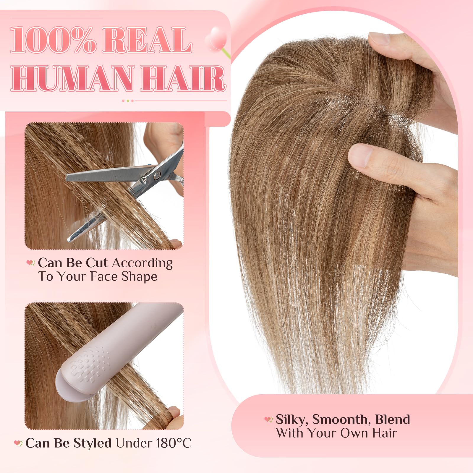 Elailite Protesis Capilar Pelo Natural Clip Mujer Marrón Medio Mecha Rubio Oscuro, 27.5cm 21g Capilares Cabello Humano Silk Lace 5cm*11cm #4P27