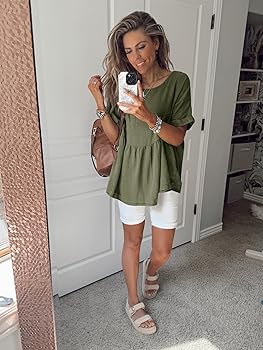 【あき様】FOIL PRINT BABY TUNIC TOP Tankaneo Womens Summer Babydoll Tops Short Sleeve Crew Neck