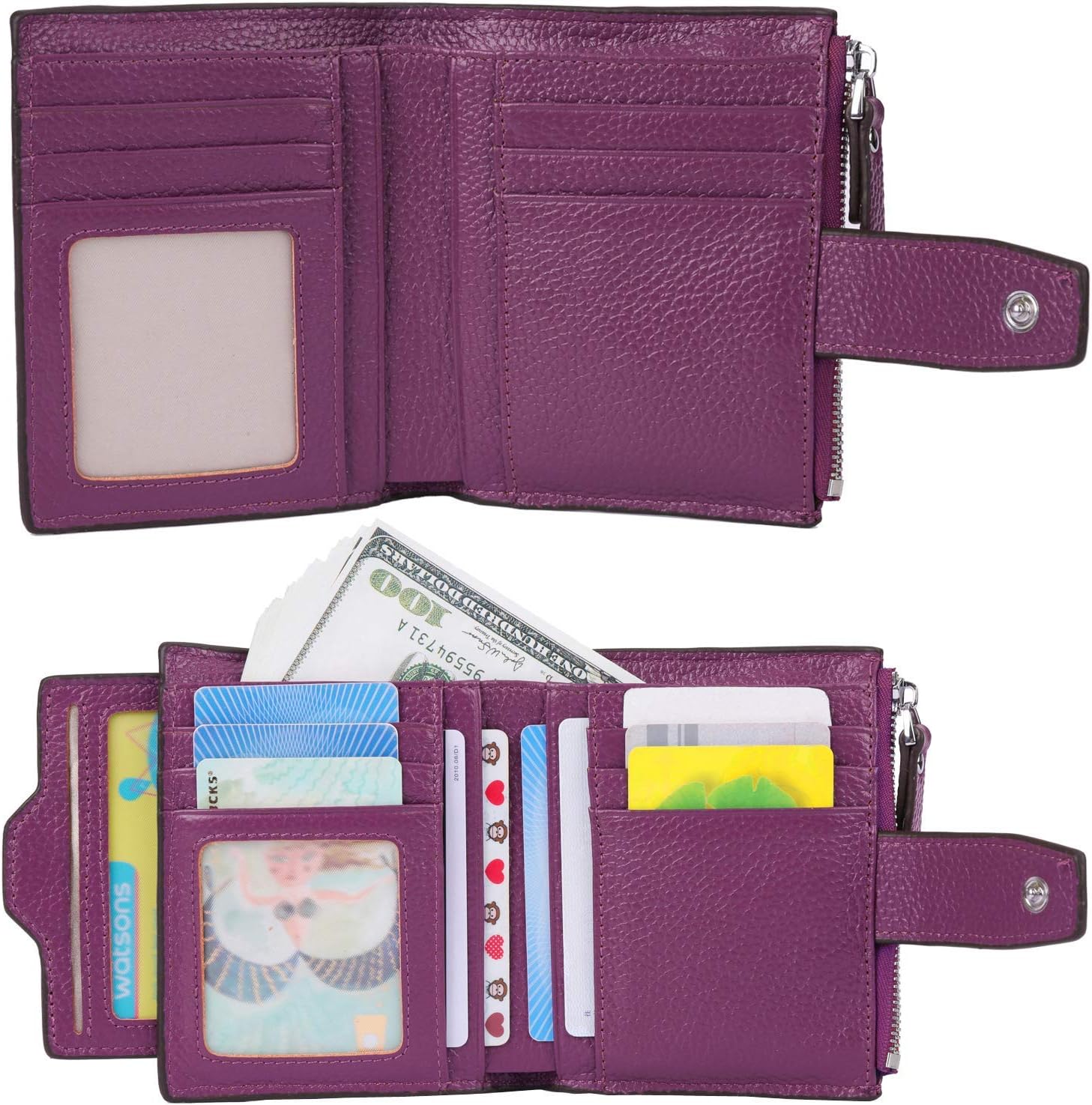 AINIMOER Women Leather Wallet RFID Blocking Small Bifold Zipper Pocket Wallet Card Case Grayish White and Dark Magenta Bundle