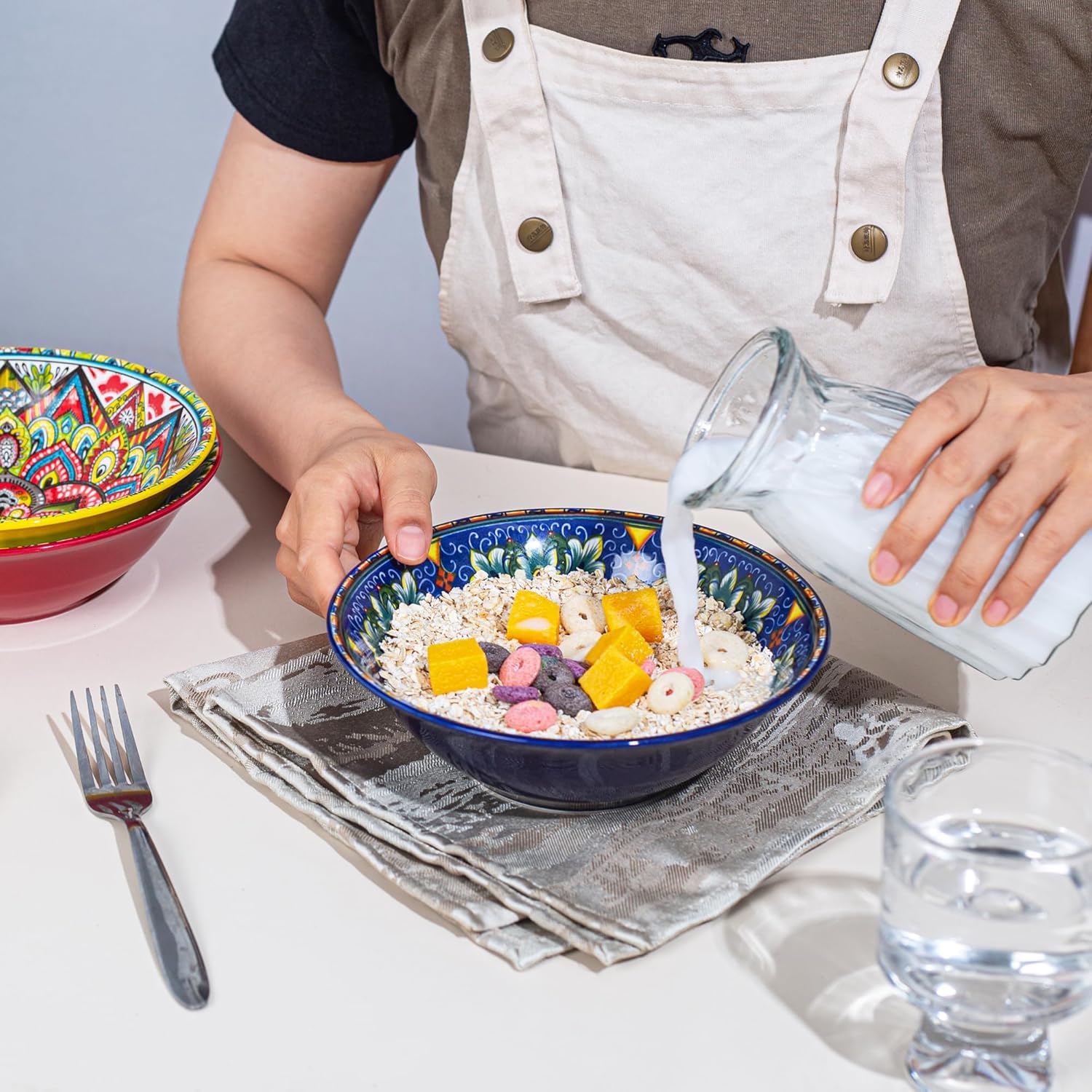 Henten Home Porcelain Soup Bowl Set of 6, Colorful 30 oz Ramen Bowls Set, Ceramic Bohemian Serving Bowl for Noodle, Cereal, Salad, Microwave & Dishwasher Safe