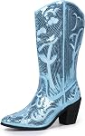 Hawkwell Women's Sequin Mid Calf Western Cowboy Boots Wide Calf High Fashion Tall Zipper Pointed Toe Embroidered Cowgirl Boots