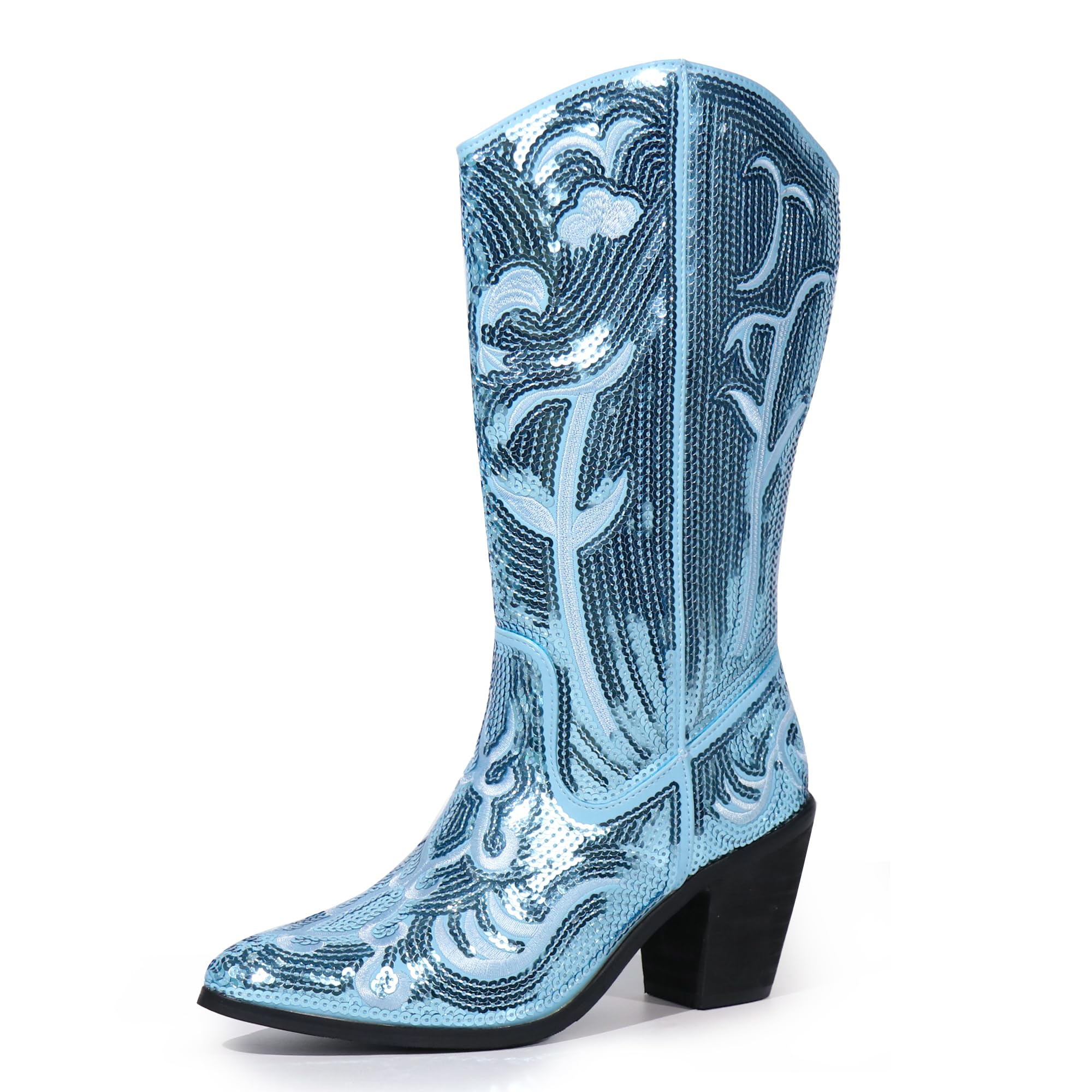 Hawkwell Women's Sequin Mid Calf Western Cowboy Boots Wide Calf High Fashion Zipper Pointed Toe Embroidered Tall Cowgirl Boots
